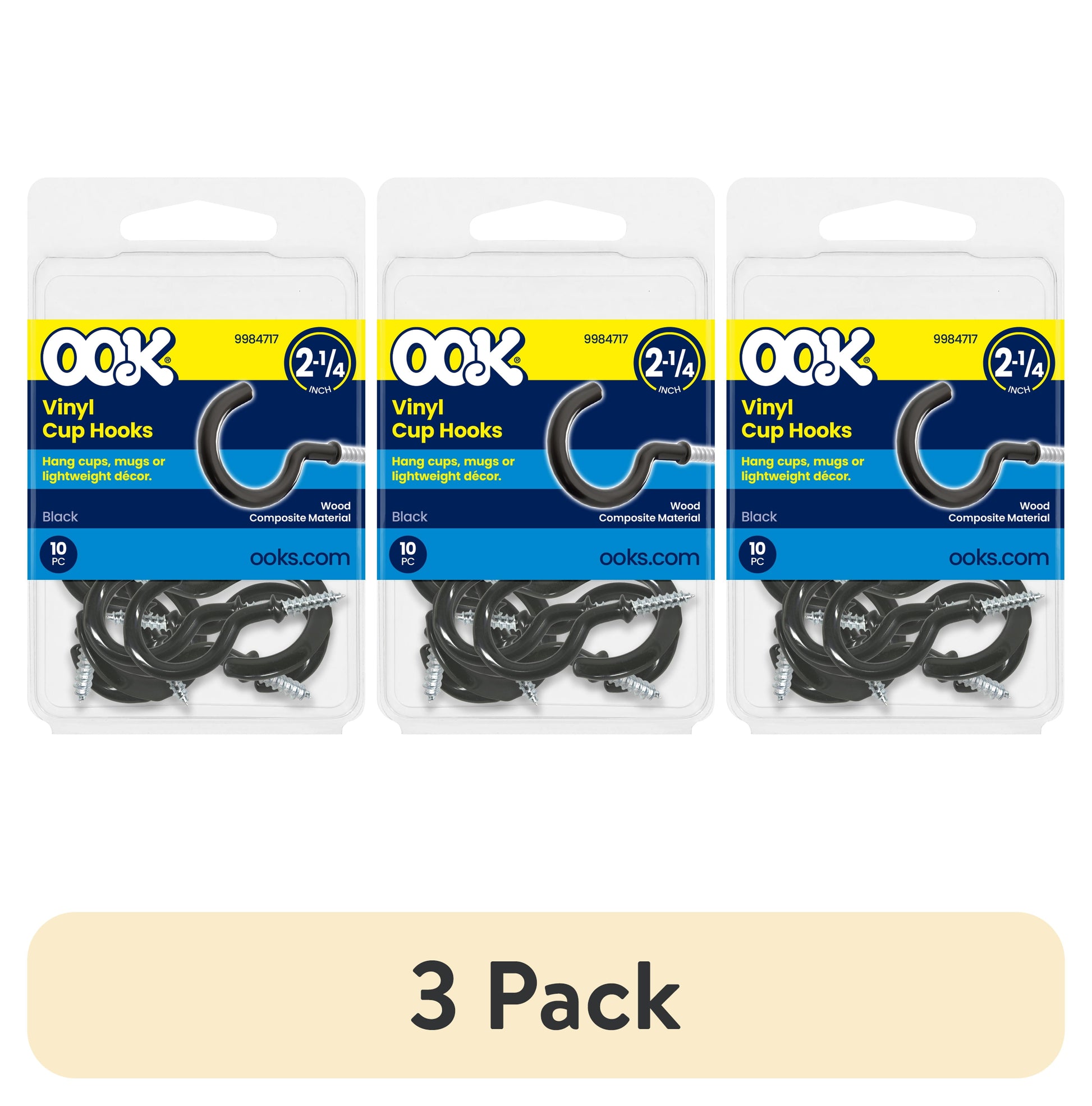 (3 pack) Ook Cup Hooks, 2-1/4", 0.5 lbs, Screw Hooks, Steel, Black Vinyl, 10 pack