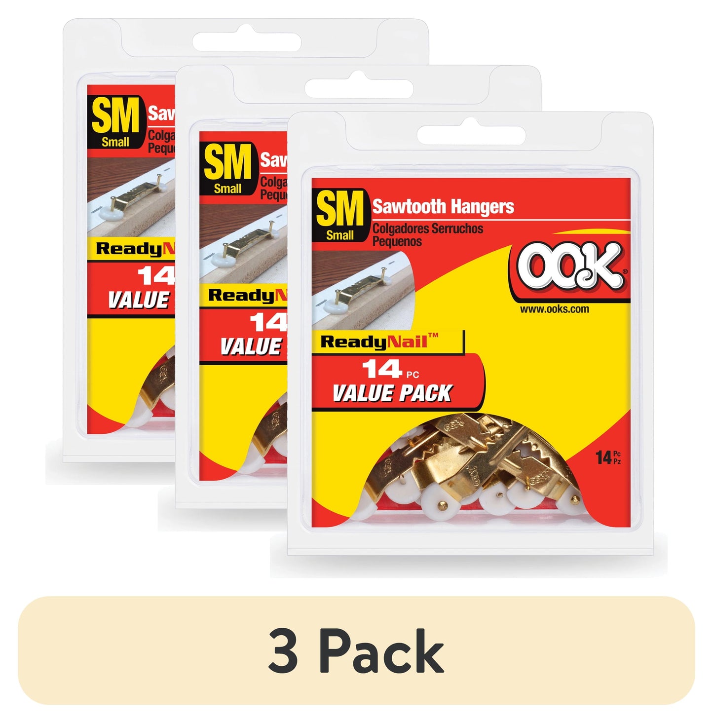 (3 pack) Ook Sawtooth Picture Hangers, Small Mirror Hangers, Steel, Brass Finish, Gold, 14 pack