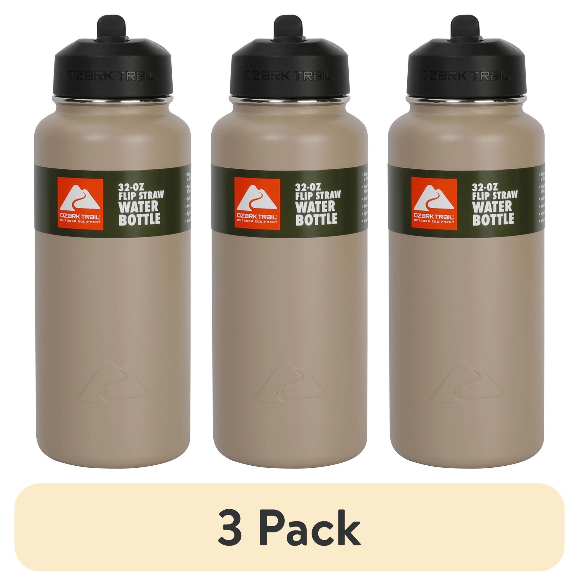 (3 pack) Ozark Trail 32 oz Stainless Steel Insulated Flip-Straw Water Bottle, Tan
