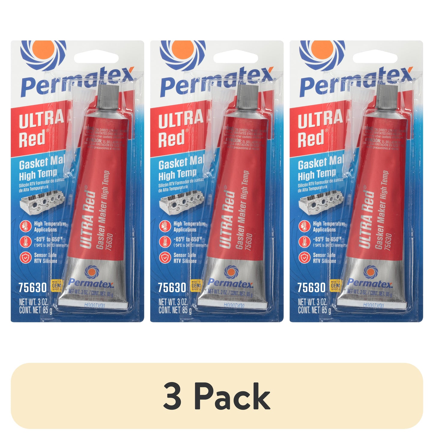 (Paquete de 3) Permatex 75620 Permatex 81630 Ultra Rojo para Hacer Juntas de Alta Temperatura, 3 oz, 1 Paquete