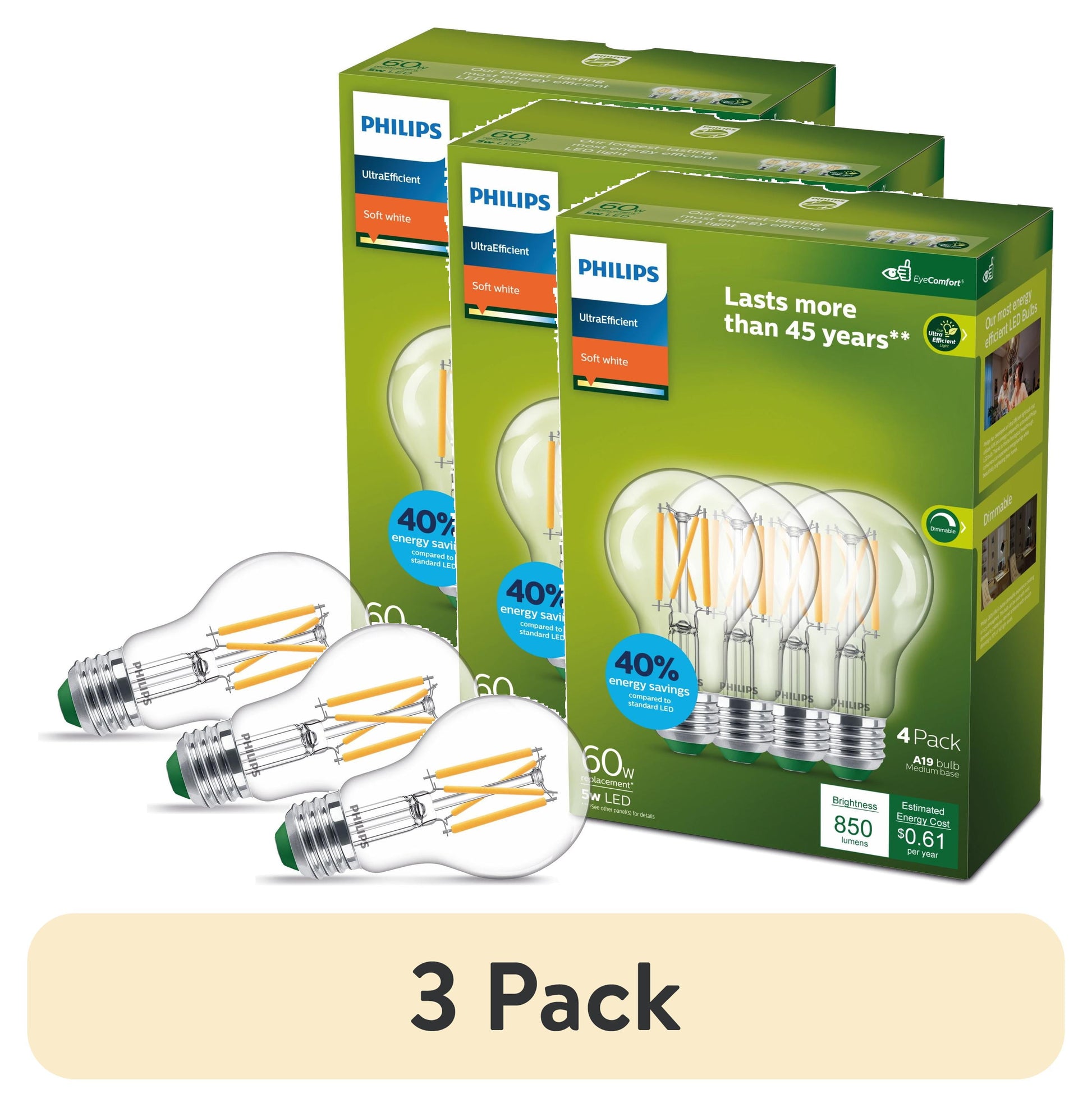 (3 pack) Philips Ultra Efficient LED 60-Watt A19 Light Bulb, Soft White, Clear, Dimmable, E26 Base (4-Pack)