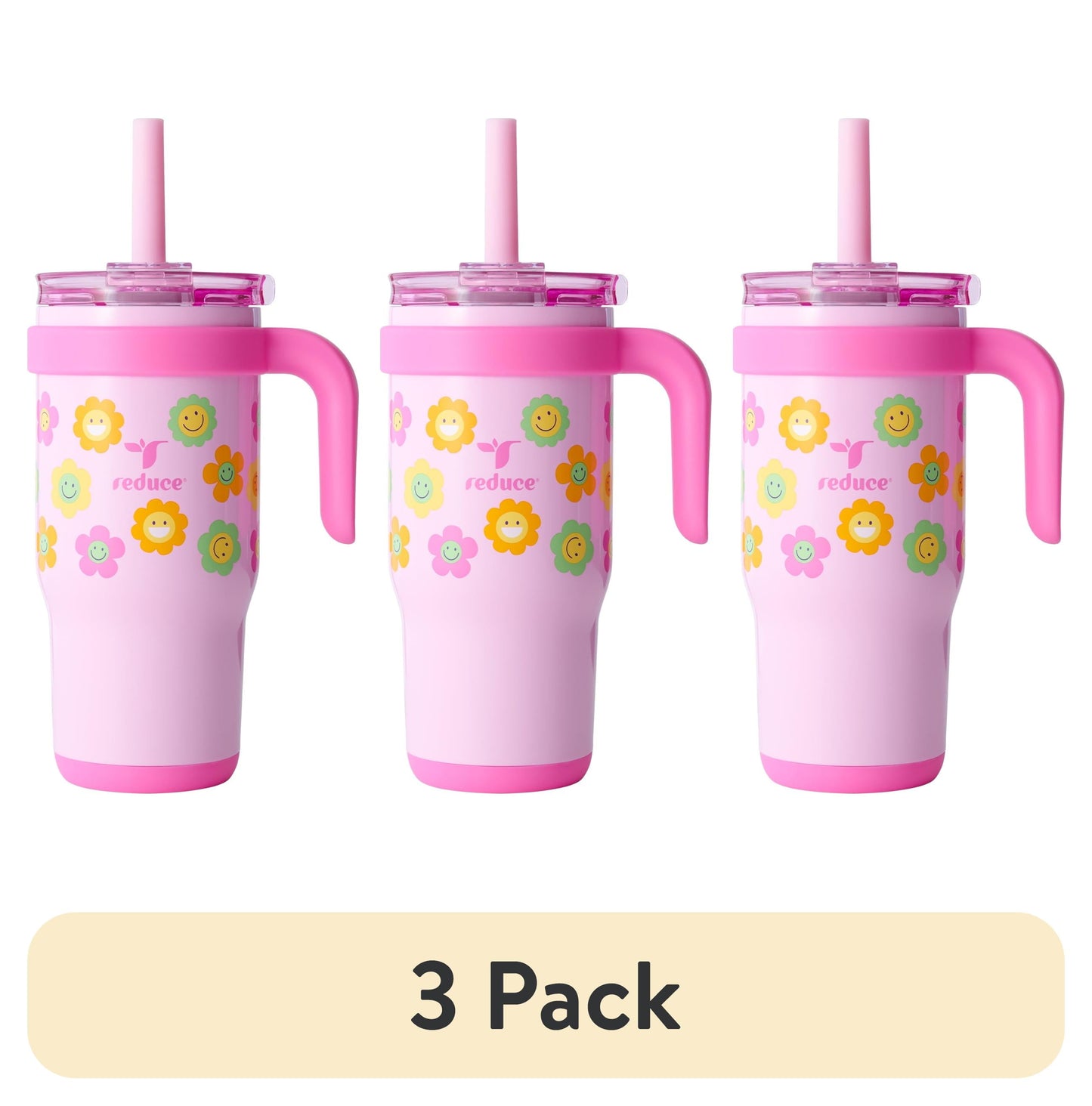 (3 pack) Reduce Coldee Kids Insulated Tumbler with Straw, 18oz Stainless Steel Spill-Proof Cup with Handle, Smiles
