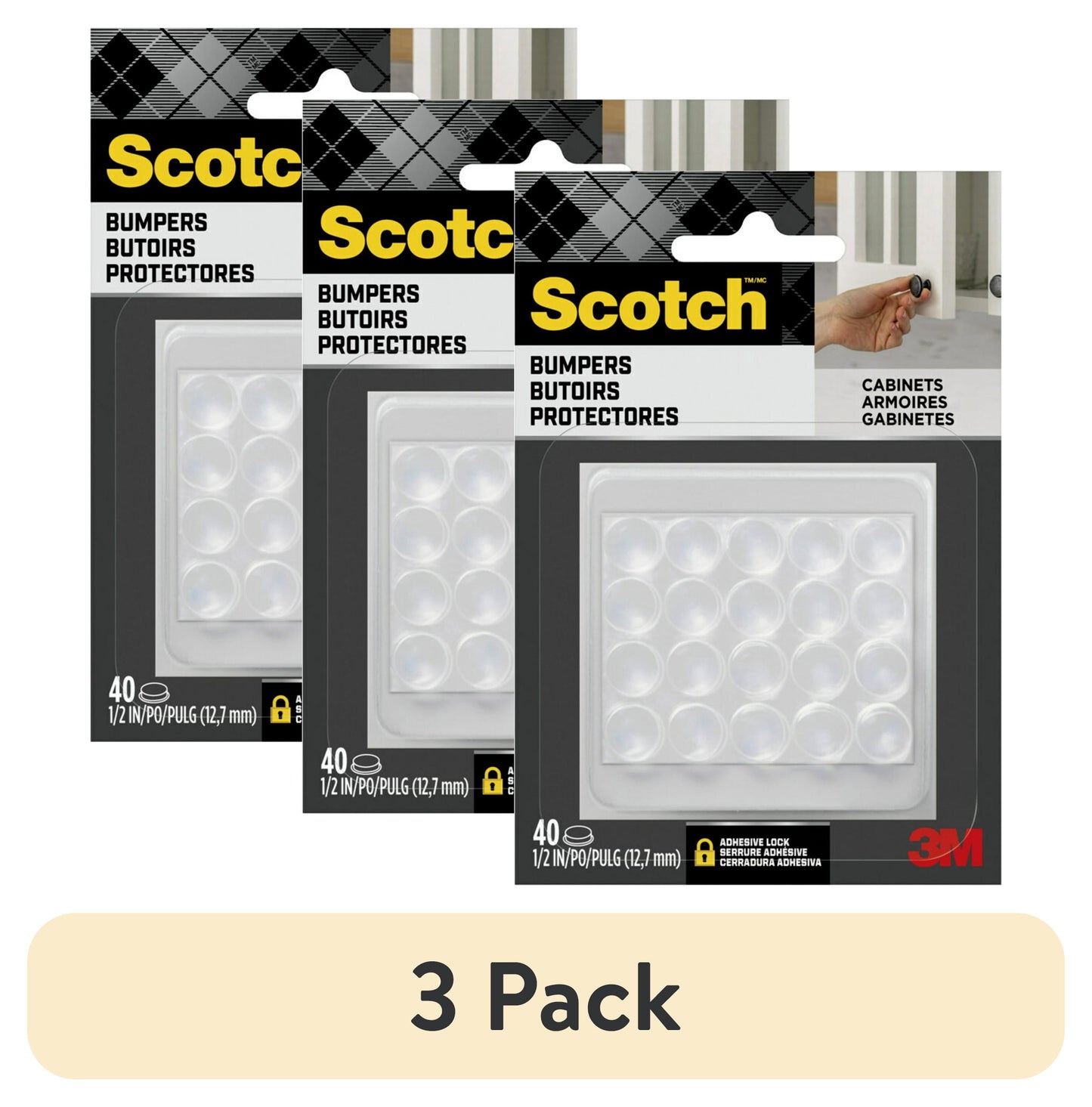 (3 pack) Scotch Adhesive Bumper Pads, Clear, Rubber Cabinet Door Stoppers, Self-Stick, 1/2 inch., 40 pack