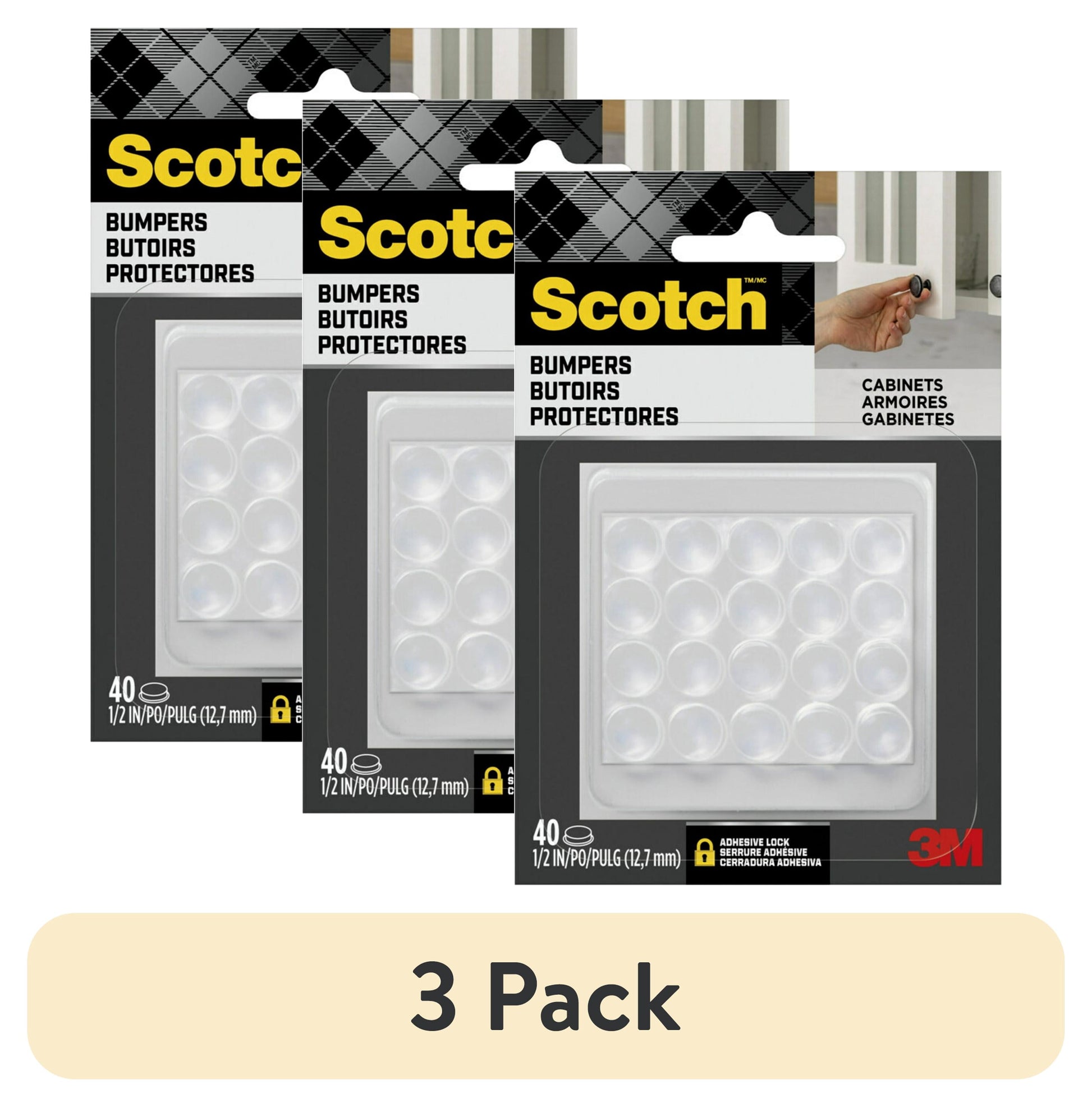 (3 pack) Scotch Adhesive Bumper Pads, Clear, Rubber Cabinet Door Stoppers, Self-Stick, 1/2 inch., 40 pack