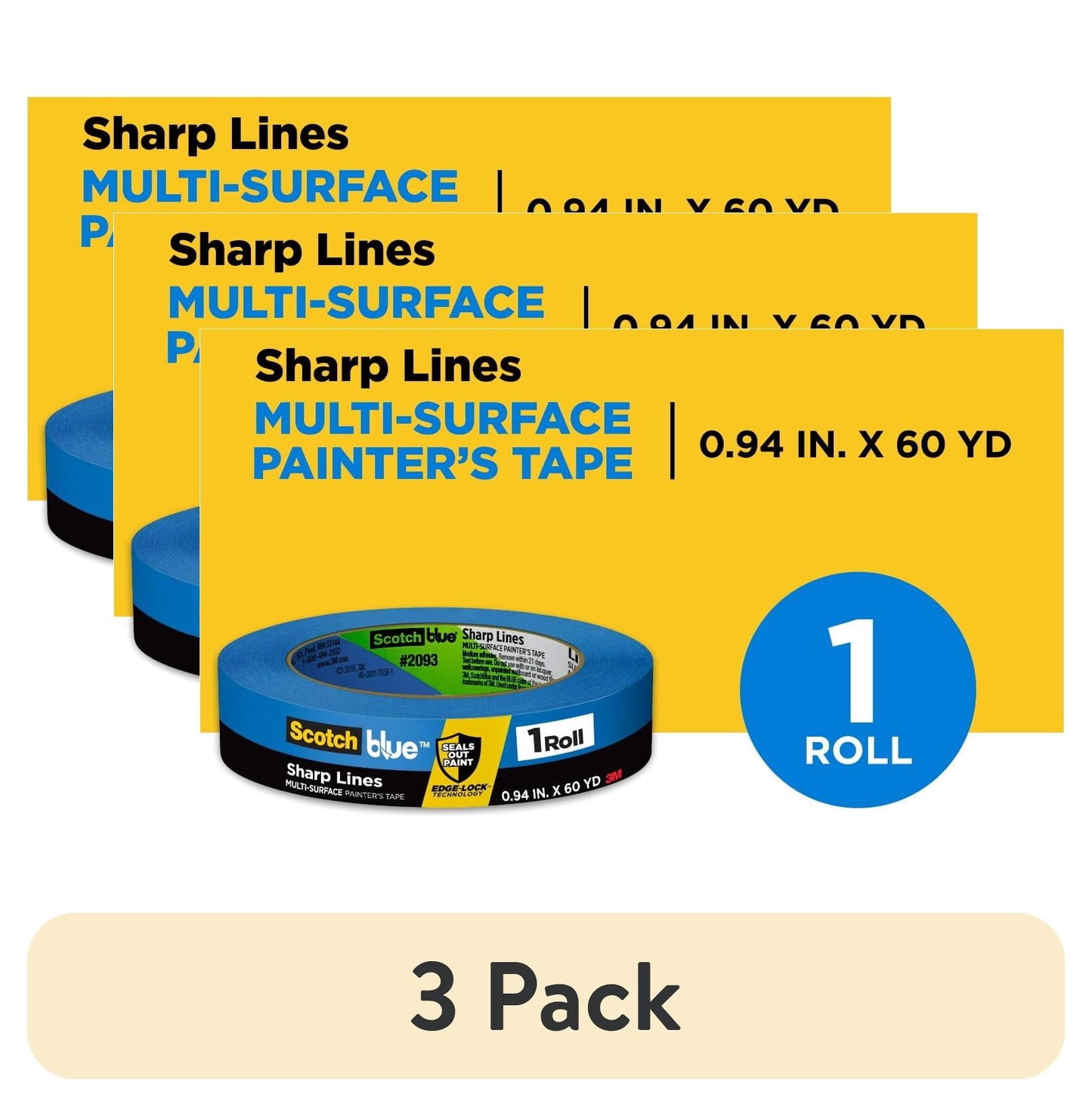 (3 pack) ScotchBlue Sharp Lines Painter's Tape, Blue, 0.94 in x 60 yd, 1 Roll