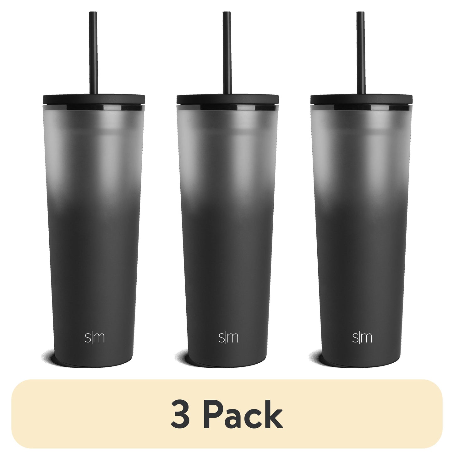 (3 pack) Simple Modern 24 fl oz Double Wall Plastic Classic Tumbler with Lid and Straw | Midnight Black