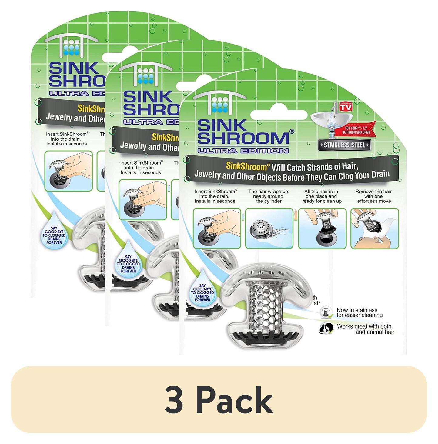 (3 pack) Sink Shroom Ultra Edition Bathroom Sink Hair Drain Catcher Stainless Steel, 1 pack