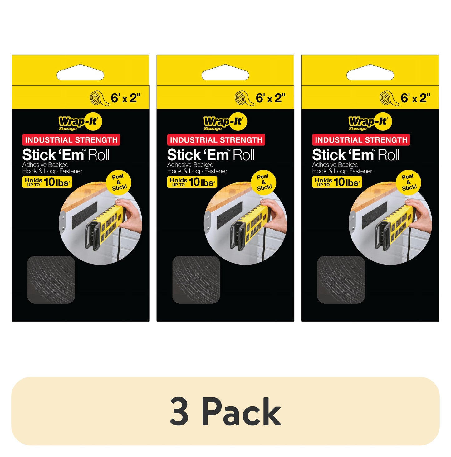 (3 pack) Stick 'Em Fuerza Industrial Rollo de Brasier Adhesivo de Gancho y Bucle de 6'x2â€