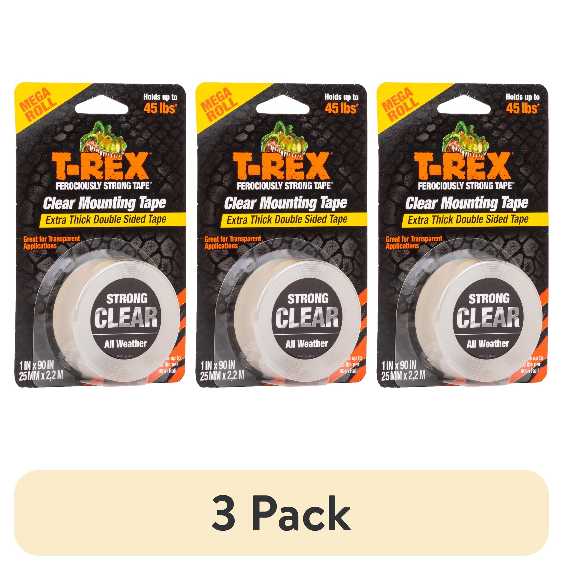 (3 pack) T-Rex Brand Ferociously Strong Extra Thick Mounting Tape, 1 in. x 90 in., Clear