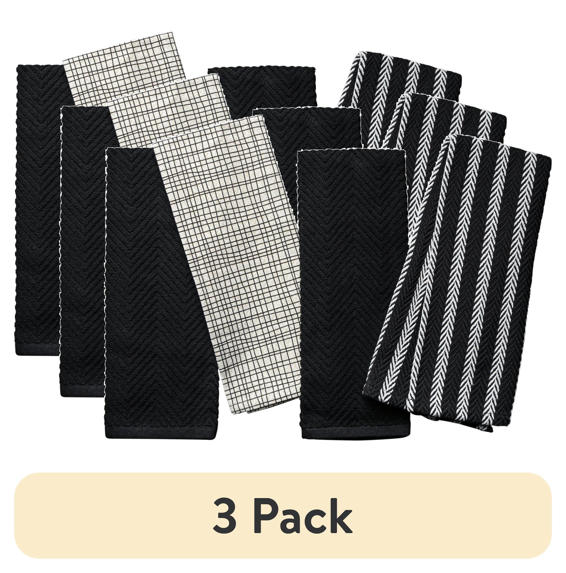 (3 pack) Thyme & Table Kitchen Towels, Black and Gold Crosshatch, 4 Pack Set