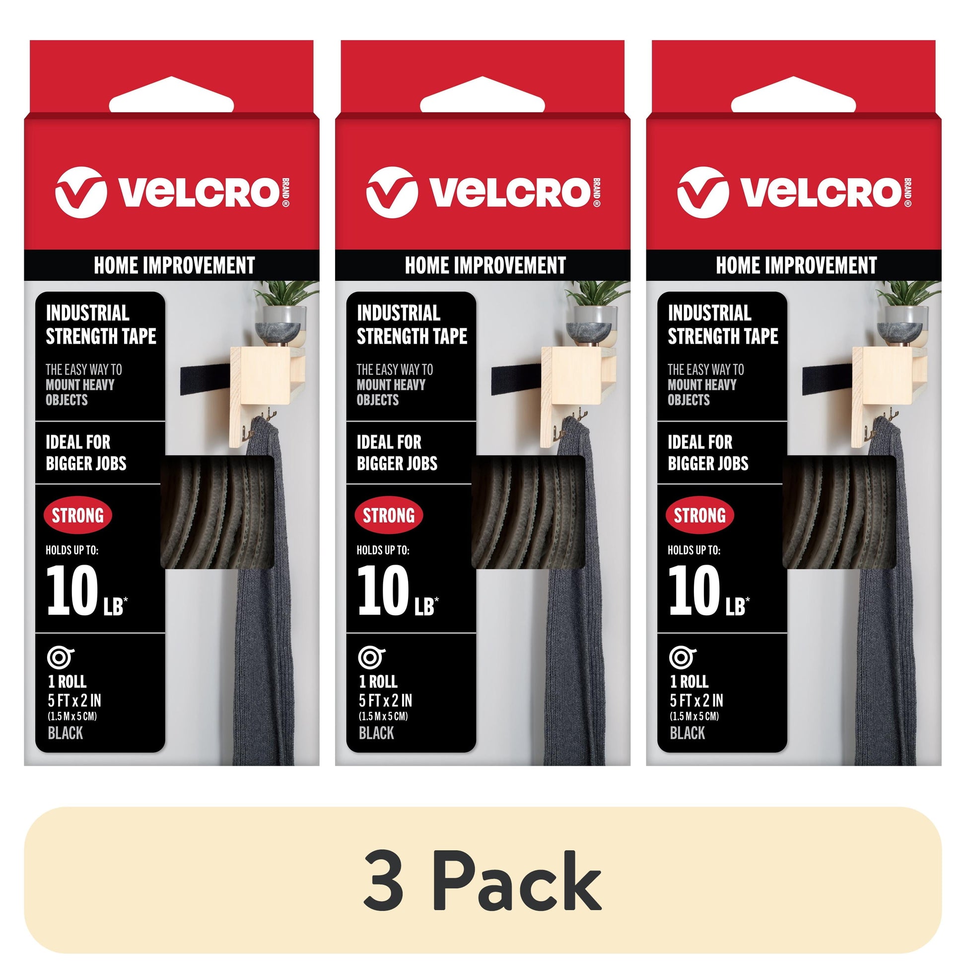 (3 pack) VELCRO Brand Industrial Strength Heavy Duty Tape, Indoor & Outdoor Use, Superior Holding Power on Smooth Surfaces, 5ft x 2in Black Tape