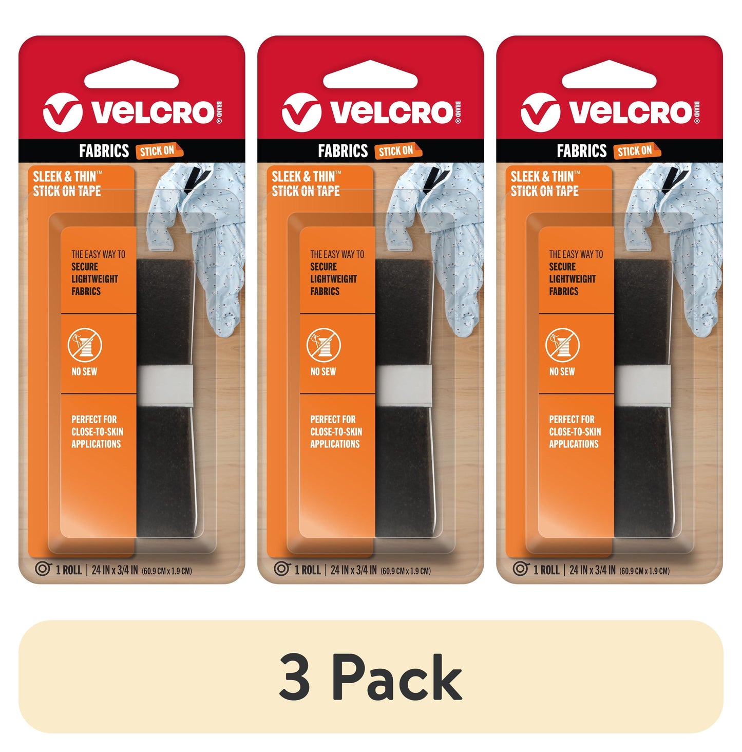 (3 pack) VELCRO Brand SLEEK & THINâ„¢ - Stick On Tape for Fabrics | 24in x 3/4in, Black | Soft on Skin Ultra Light | Adhesive Back No Sewing Needed (VEL-30098-USA)