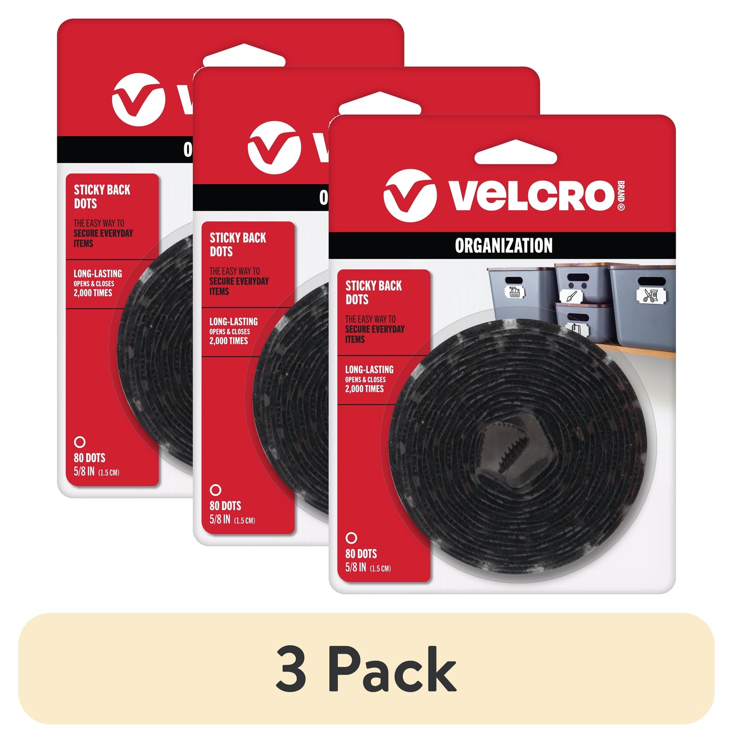 (3 pack) VELCRO Brand Sticky Back Hook and Loop Fasteners | Perfect for Home or Office | 5/8in Coins | Pack of 80 | Black