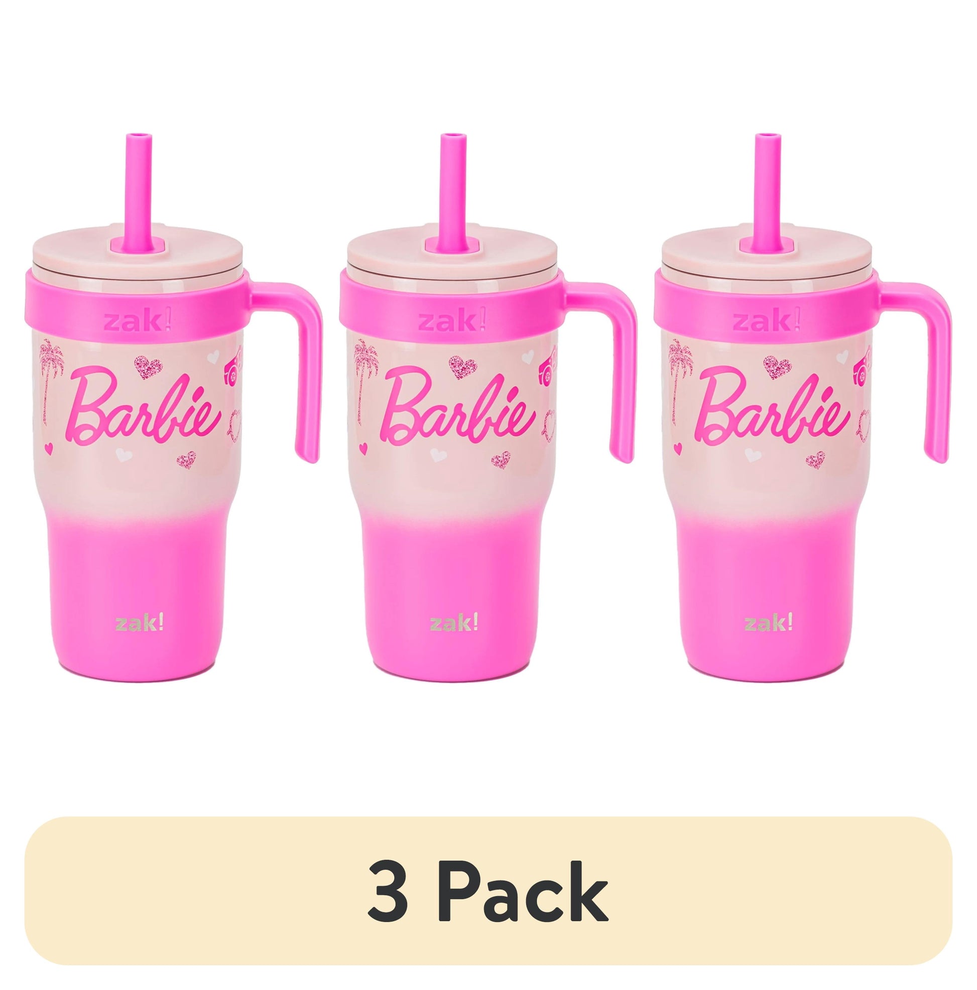 (3 pack) Zak Designs Barbie Kids Tumbler, 18oz Stainless Steel, Vacuum Insulated with Leak-Proof Straw Handle