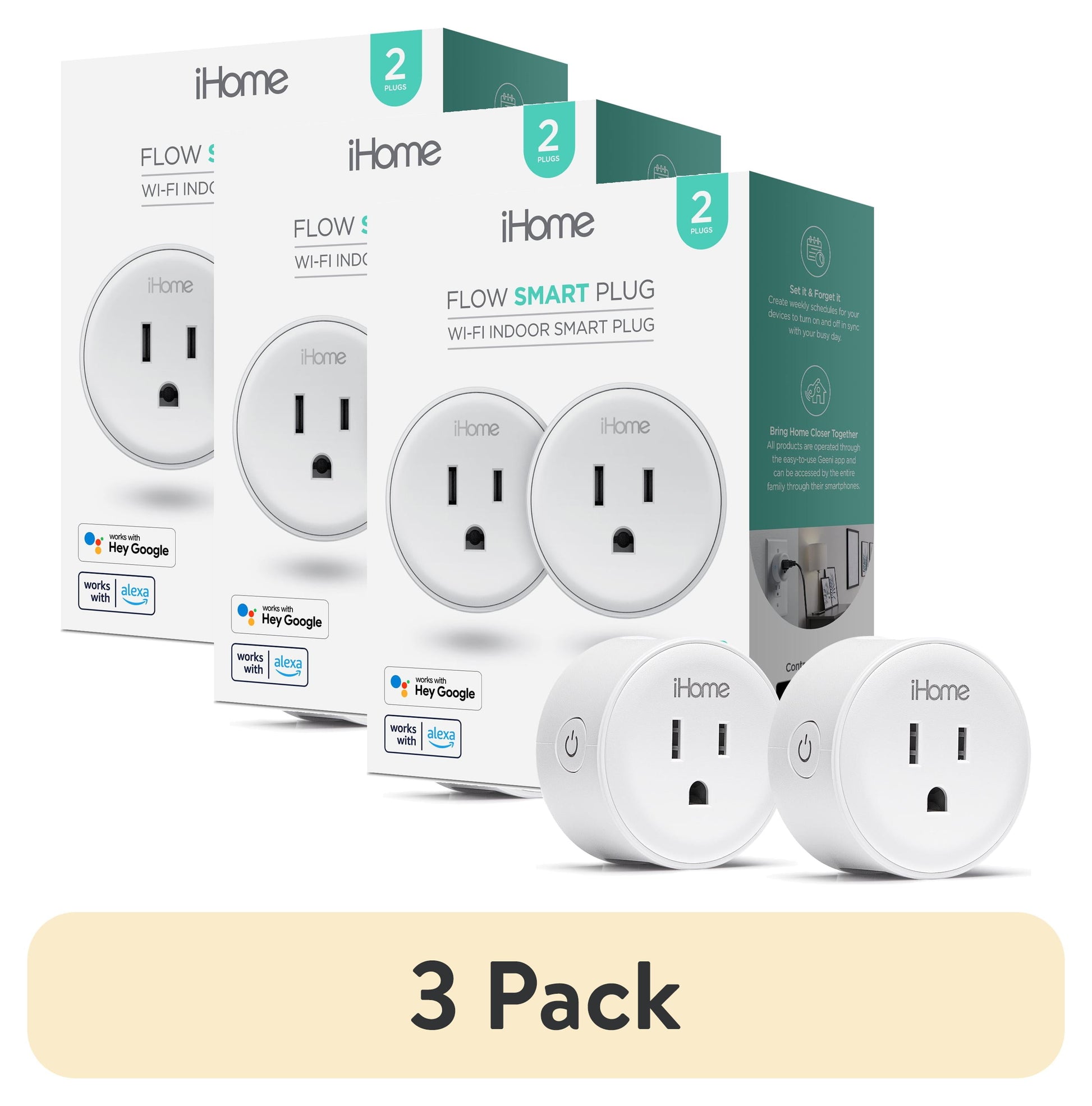(3 pack) iHome Smart Plug, 15A Wi-Fi Outlet, Works with Alexa & Google Home, App Control, Timer, 2 pack â€“ White