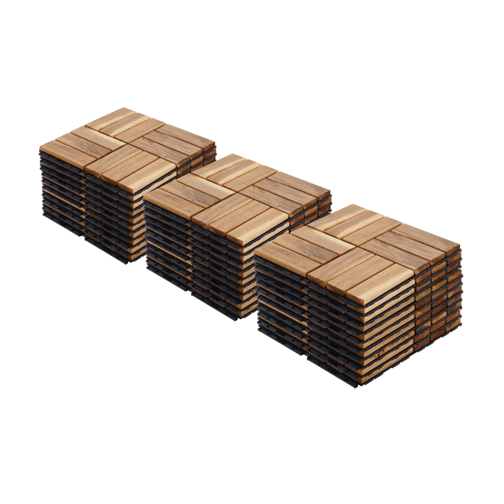 30 PCS Light Gray Acacia Hardwood Interlocking Deck Tiles Checker Pattern 12"x12" Outdoor Flooring for Patio Balcony Pool Side Garden Porch