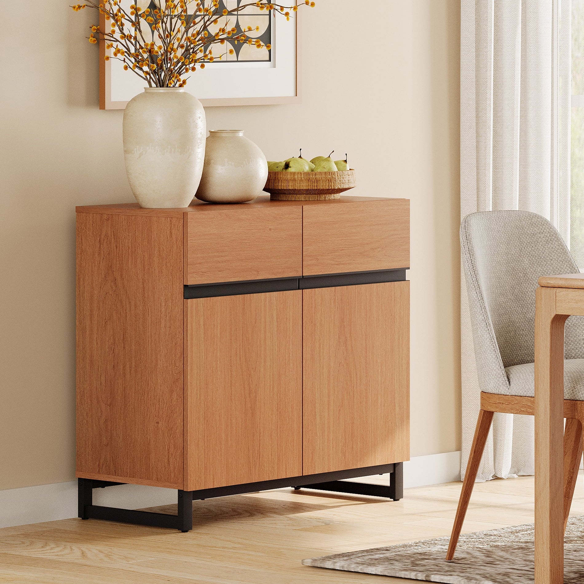 31.5" Wooden 2-Doors Sideboard with Charging Station, Modern Reeded Credenza Storage Cabinet for Kitchen, Dining Room