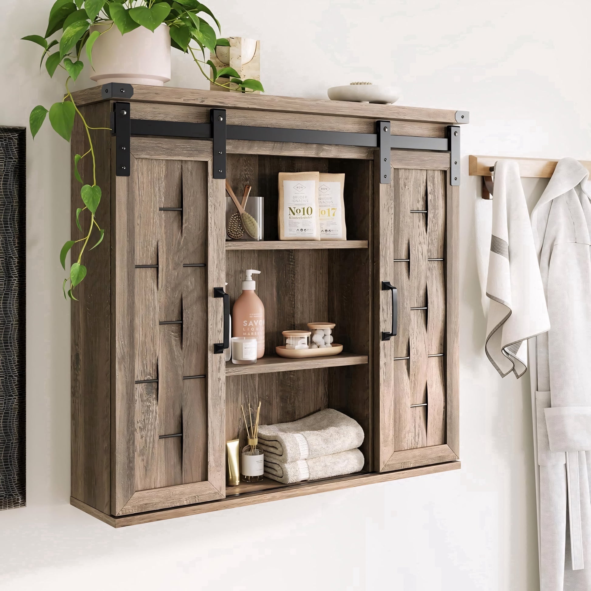 Caffoz 31 Inch Farmhouse Sliding Barn Door Medicine Cabinet Adjustable Shelves Light Brown