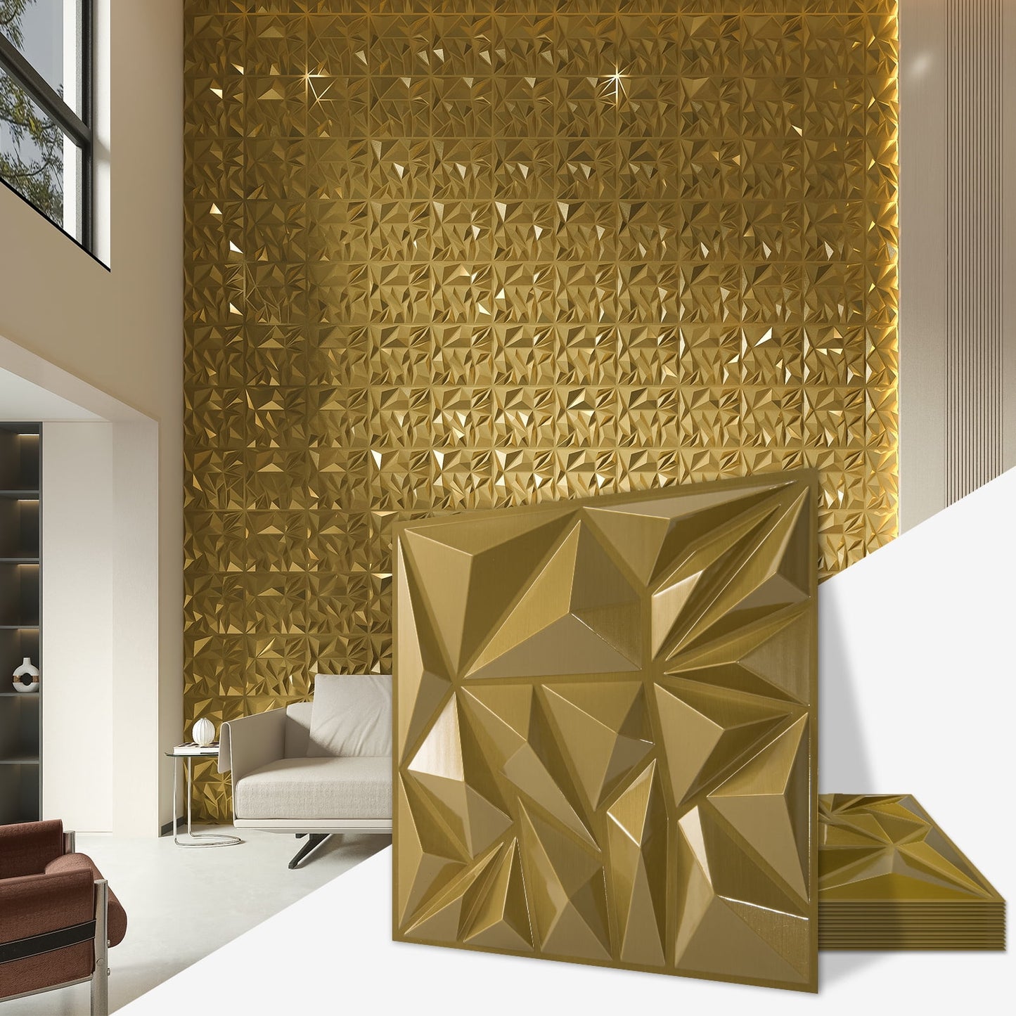 33 Pcs 11.8'' x 11.8'' PVC 3D Wall Panel Diamond for Interior Wall Decor in Gold, Wall Decor PVC Panel, 3D Textured Wall Panels