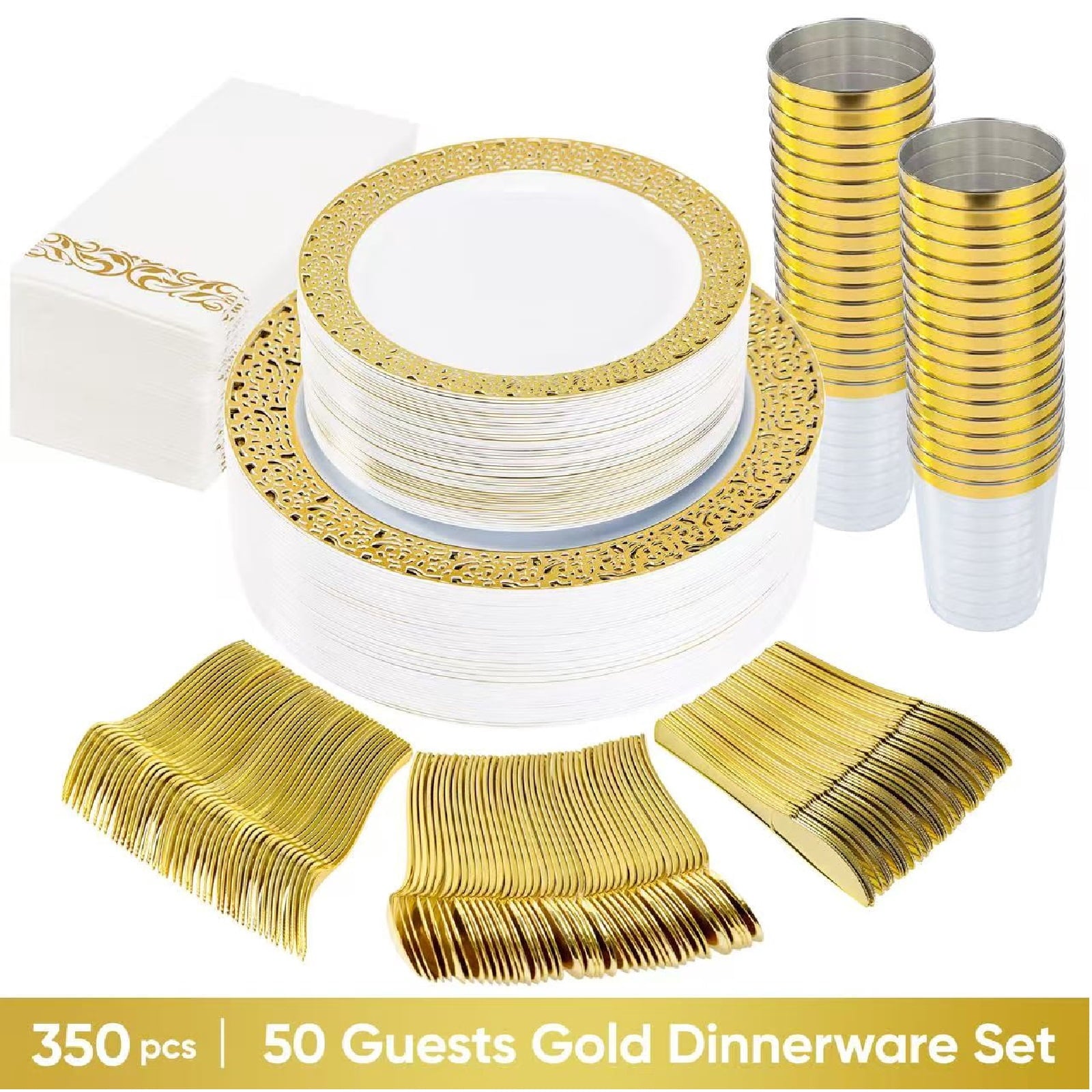 350Pcs Silver Plastic Plates Sets - Dinnerware Sets for 50 Guests,Decorative Plates for Festival Wedding Party