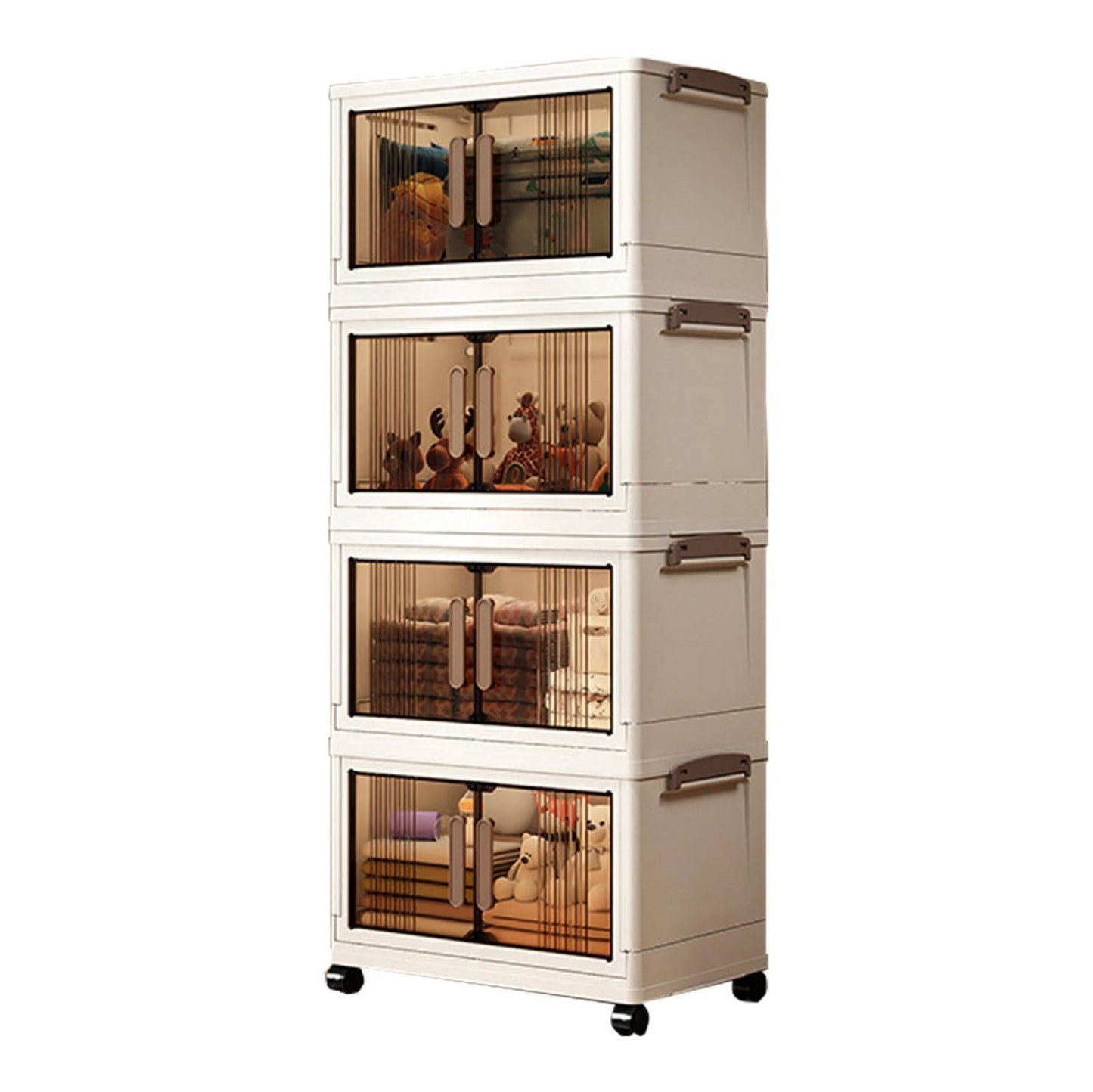 36"H Stackable Storage Cabinet with Doors & Wheels, Adjustable 4 Tier Plastic Organizer Bin for Home, Office, Garage Storage, White