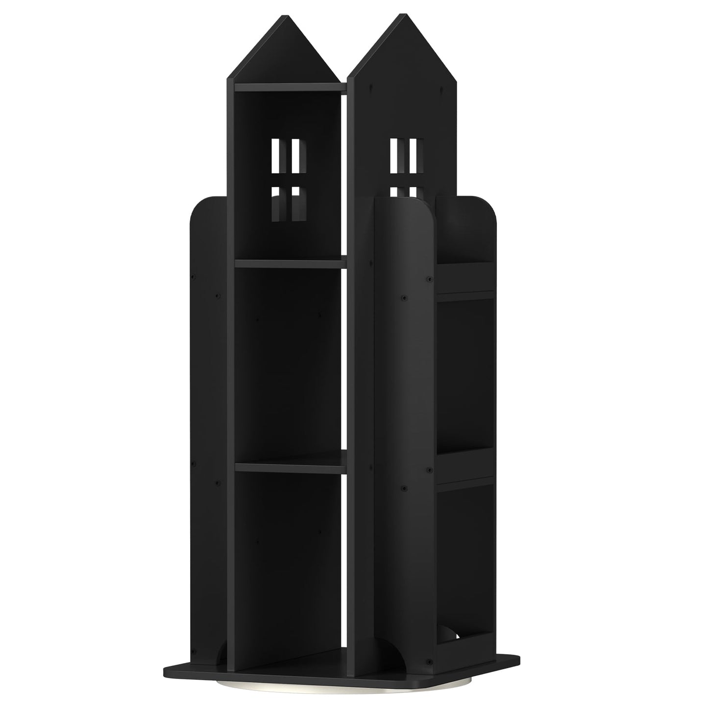 360Â° Rotating Kids Bookshelf, Black Engineered Wood House-Shaped Bookcase, 38in Tall Storage Organizer for Bedroom, Playroom, Living Room