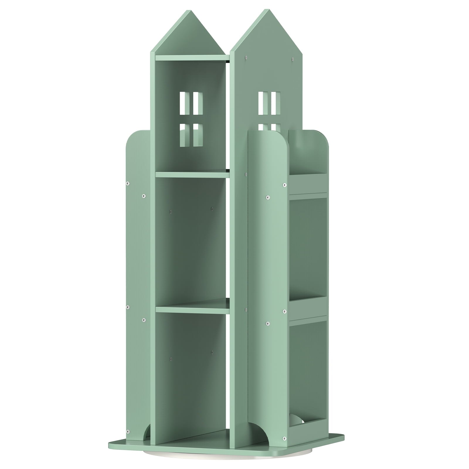 360Â° Rotating Kids Bookshelf, Olive Green Engineered Wood House-Shaped Bookcase, 38in Tall Storage Organizer for Bedroom, Playroom, Living Room