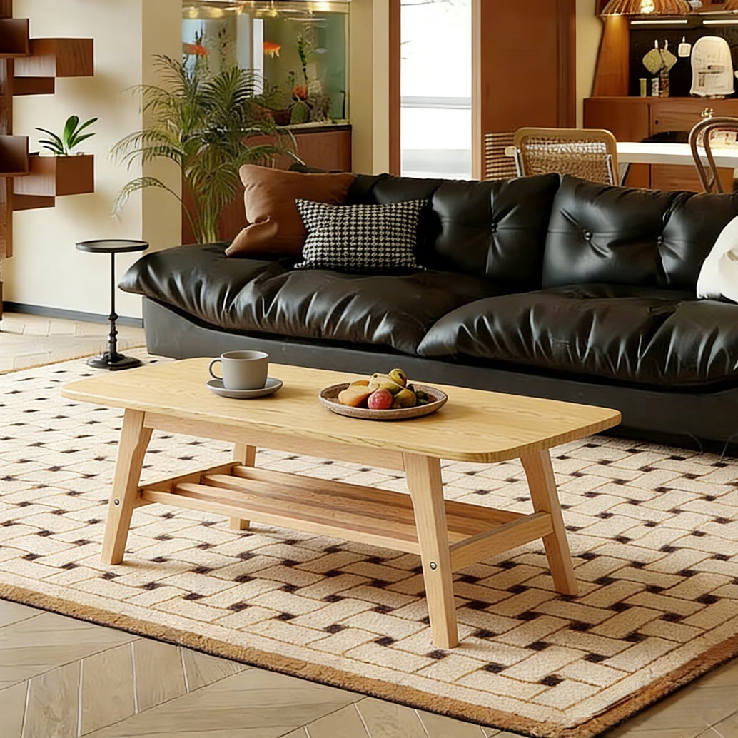 39 Inch Solid Wood Coffee Table, Double-Layer Storage Center Table, Modern Wooden Accent Table for Living Room Apartment Office
