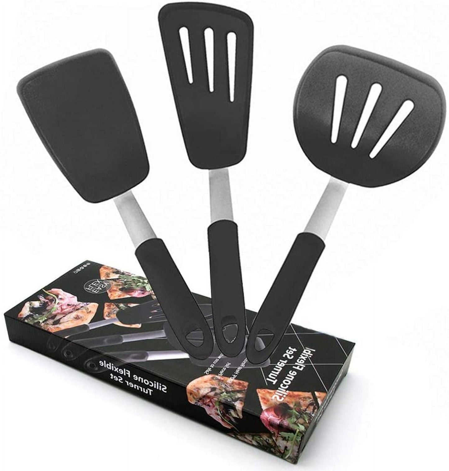 3pcs Smarten Ultra Flexible Silicone RubberTurner Spatula, 600ÂºF Heat-Resistant (Gray/Black)