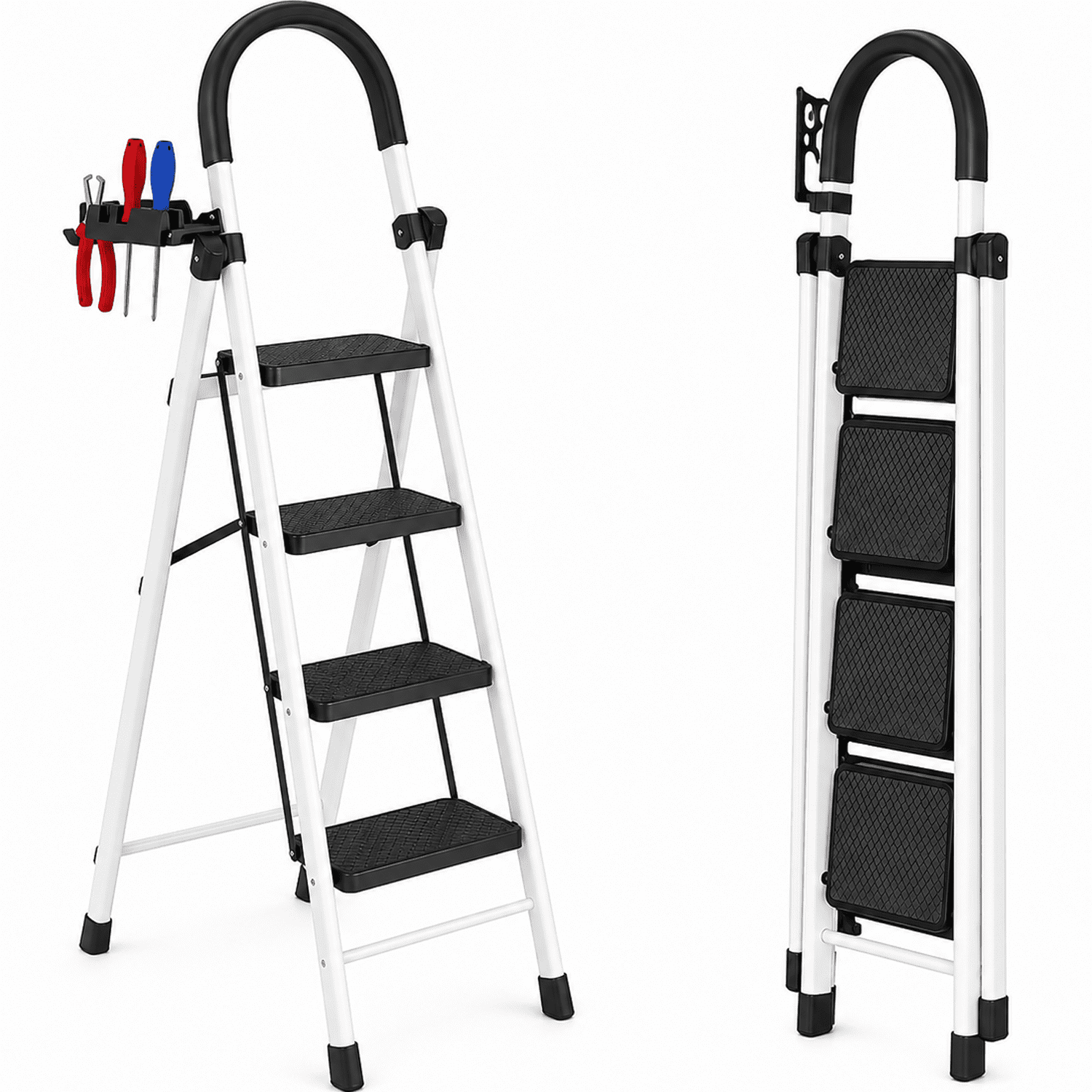 4 Step Ladder Folding Step Stool for Adults, Heavy Duty Steel Step Ladder with Wide Anti-Slip Pedals, Handrail & Tool Holder, Small Ladder for Home, Kitchen, Closet, Garage & Home Improvement