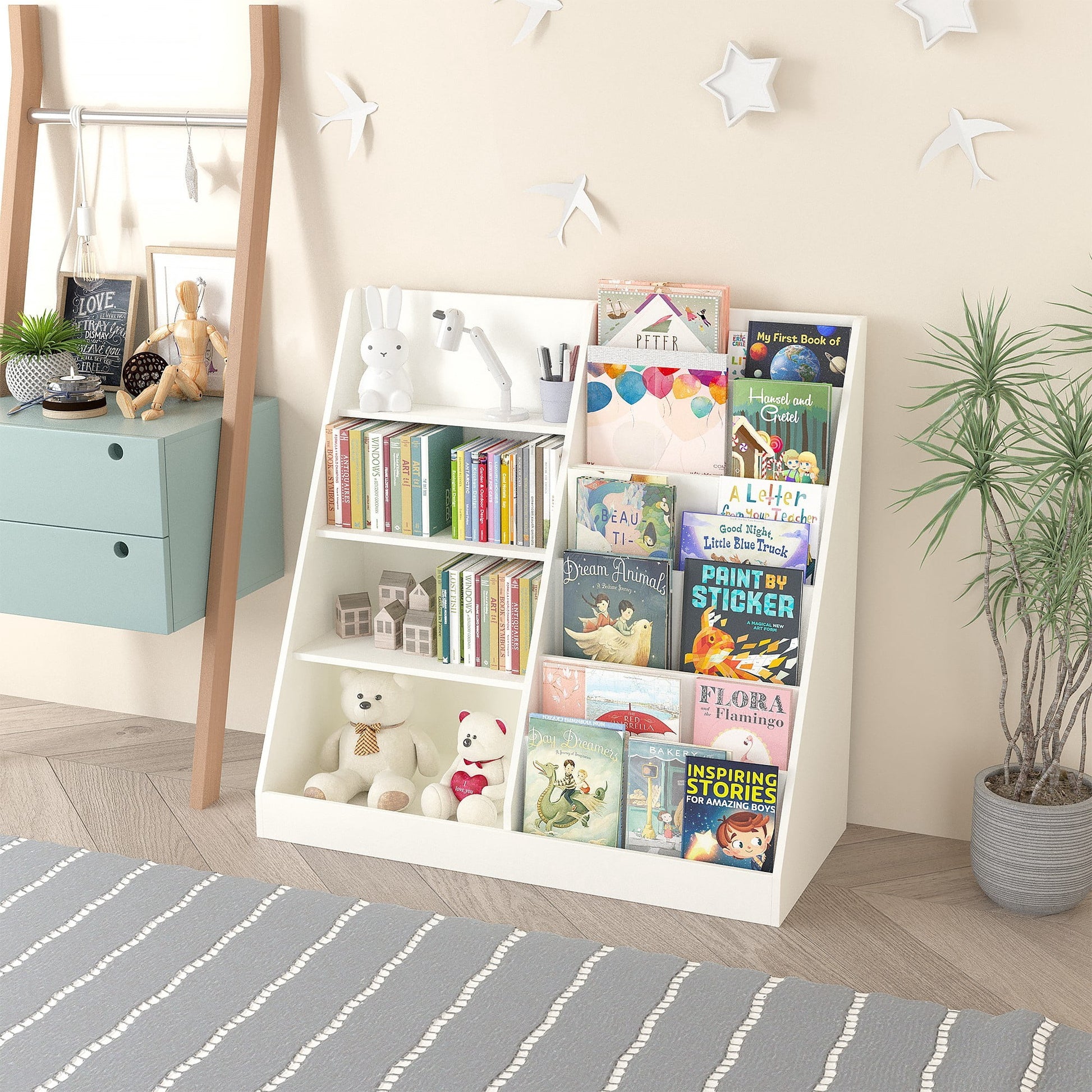 4-Tier Bookshelf,Book Display Shelves,Toy Storage Organizer for Kids Room Playroom Nursery,White 02
