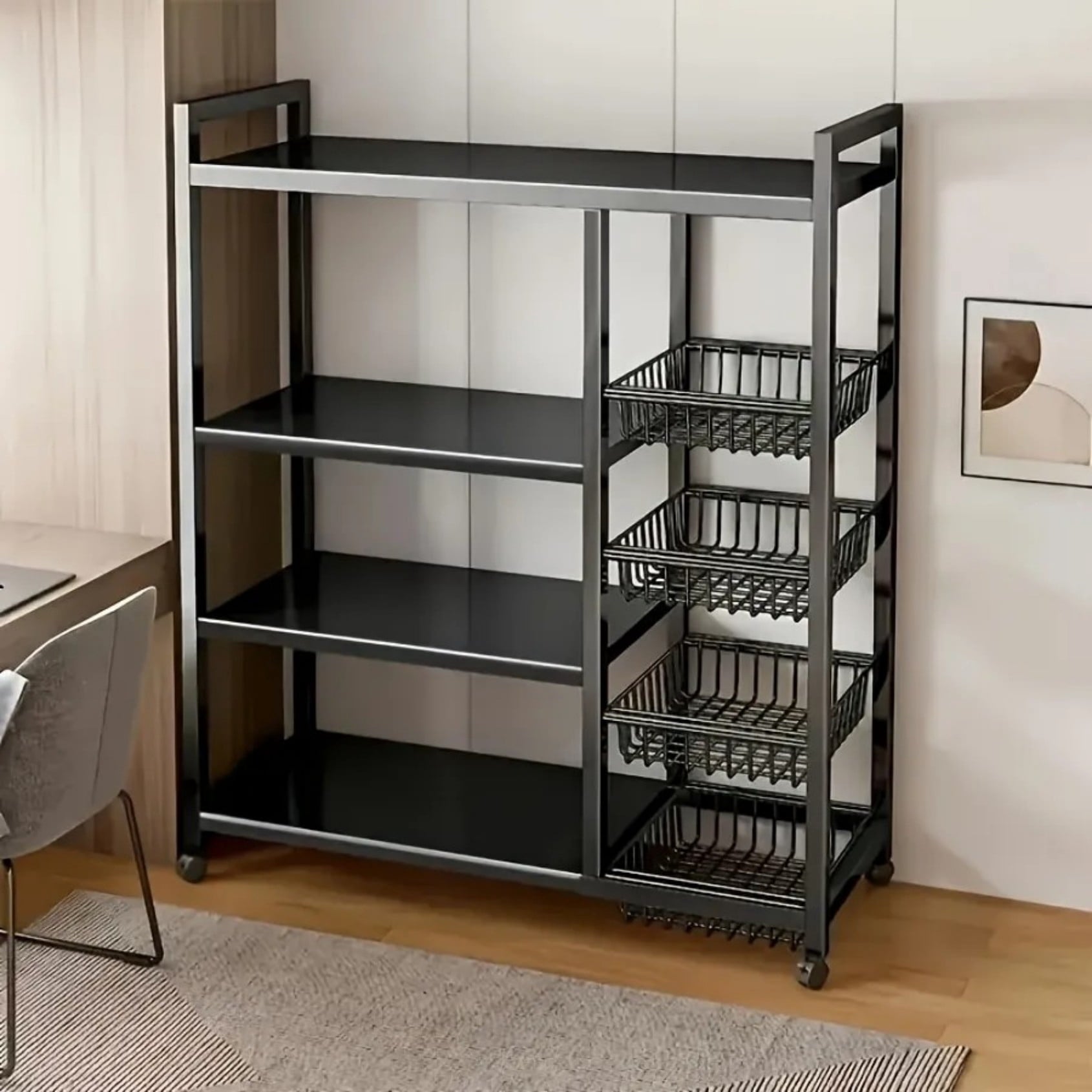 4 Tier Kitchen Storage Rack with Wheels, Adjustable Metal Shelving Unit Utility Cart with Steel Mesh Baskets for Pantry Laundry Bathroom, Black