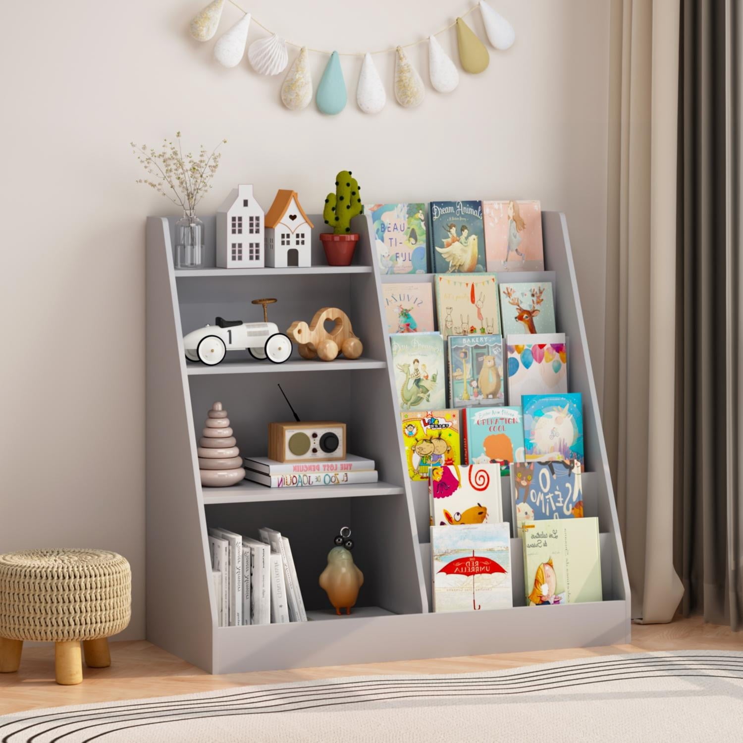 4-Tier Wooden Bookshelf with Toy Storage Bins, Multifunctional Children Bookcase Display Stand Organizer, Toddler Book Rack for Playroom Nursery Bedroom, Gray