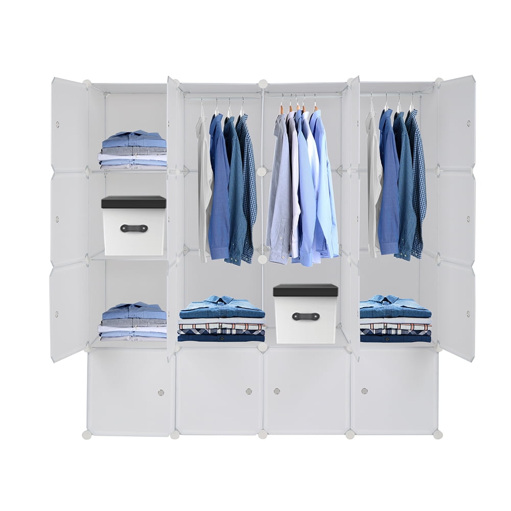 4-layer 16 Cube Organizer Stackable Cube Storage, Plastic + Steel Wire with 3 Clothes Rails, Free to Assemble, White