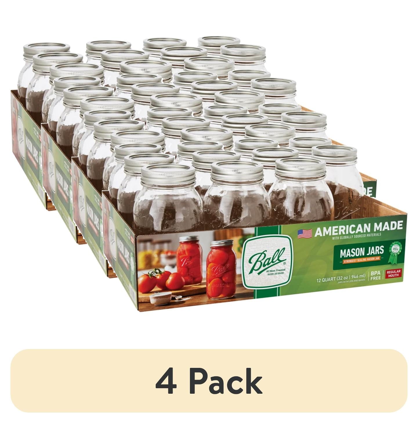 (4 pack) Ball Regular Mouth Quart 32-Oz. Glass Mason Jar with Lids and Bands, 12-Count