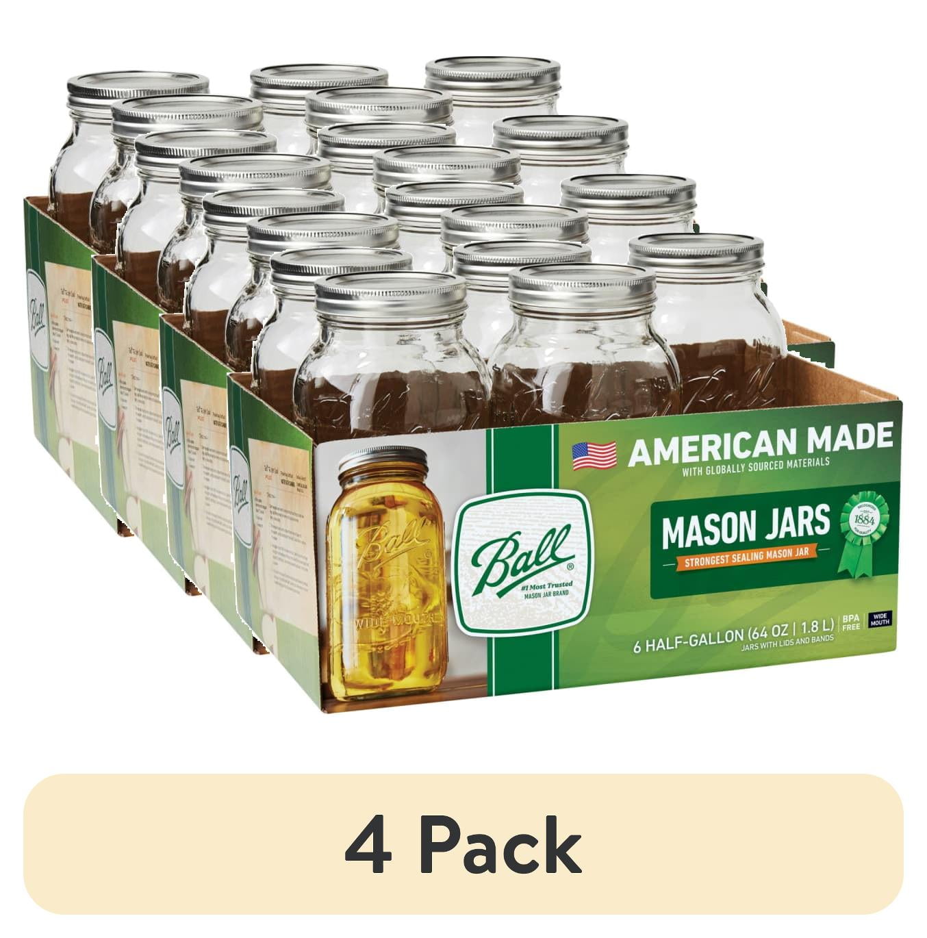 (4 pack) Ball Glass Mason Jar W/Lid & Band, Wide Mouth, 64 Ounces, 6 Count