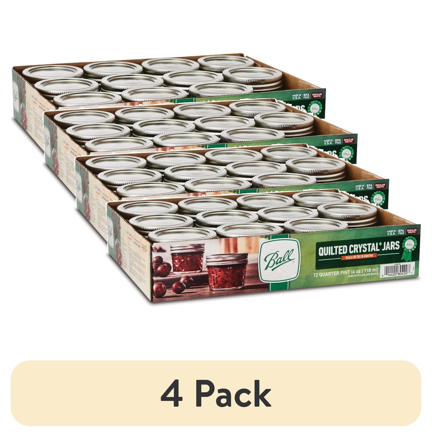 (4 pack) Ball Regular Mouth 4oz Quilted Pint Mason Jars, 12 Count