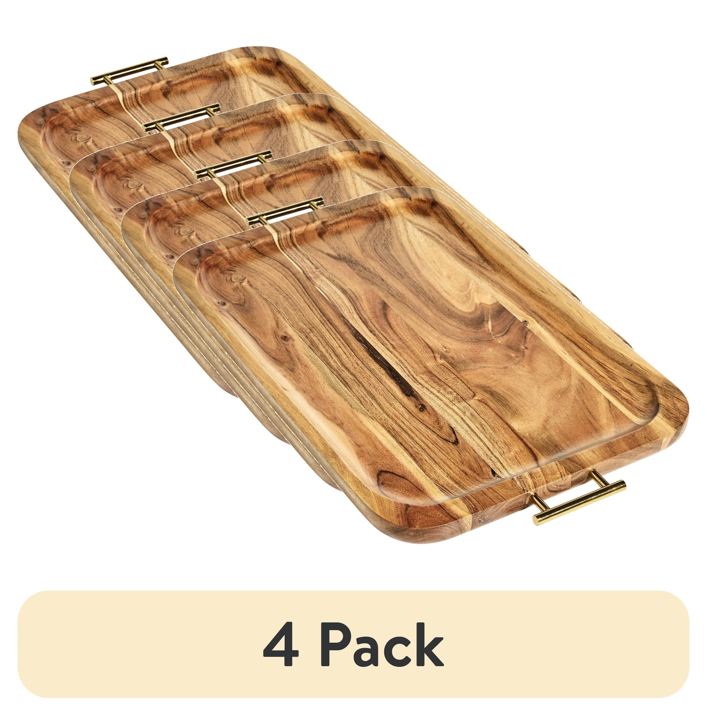 (4 pack) Better Homes & Gardens- Bandeja Rectangular de Madera de Acacia con Asas de Color Dorado, Talla Ãšnica