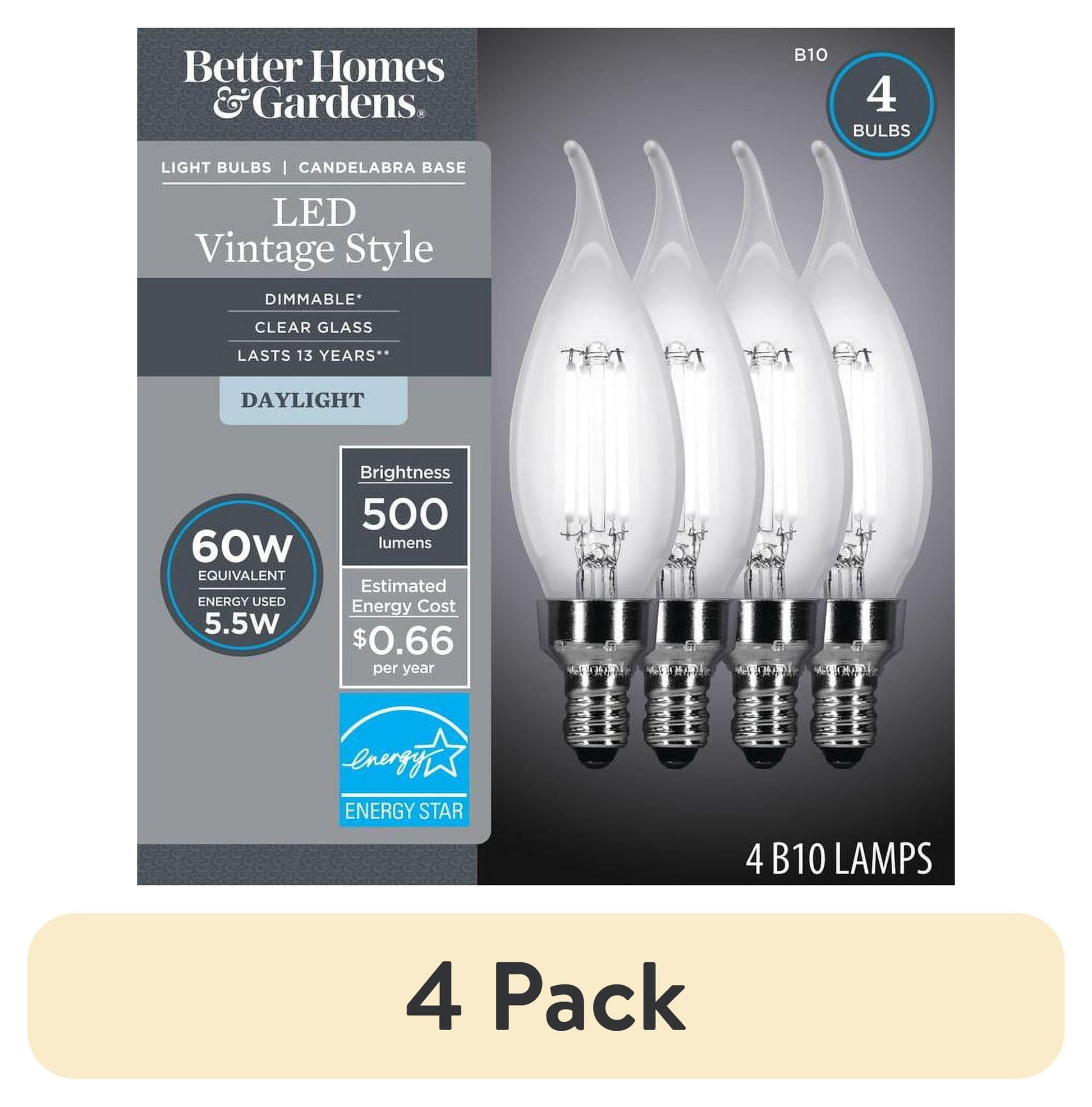 (4 pack) Better Homes & Gardens B10 Vintage LED Light Bulb, 5.5 Watts (60W Equivalent), Daylight, E12, Dimmable, 4 Pack