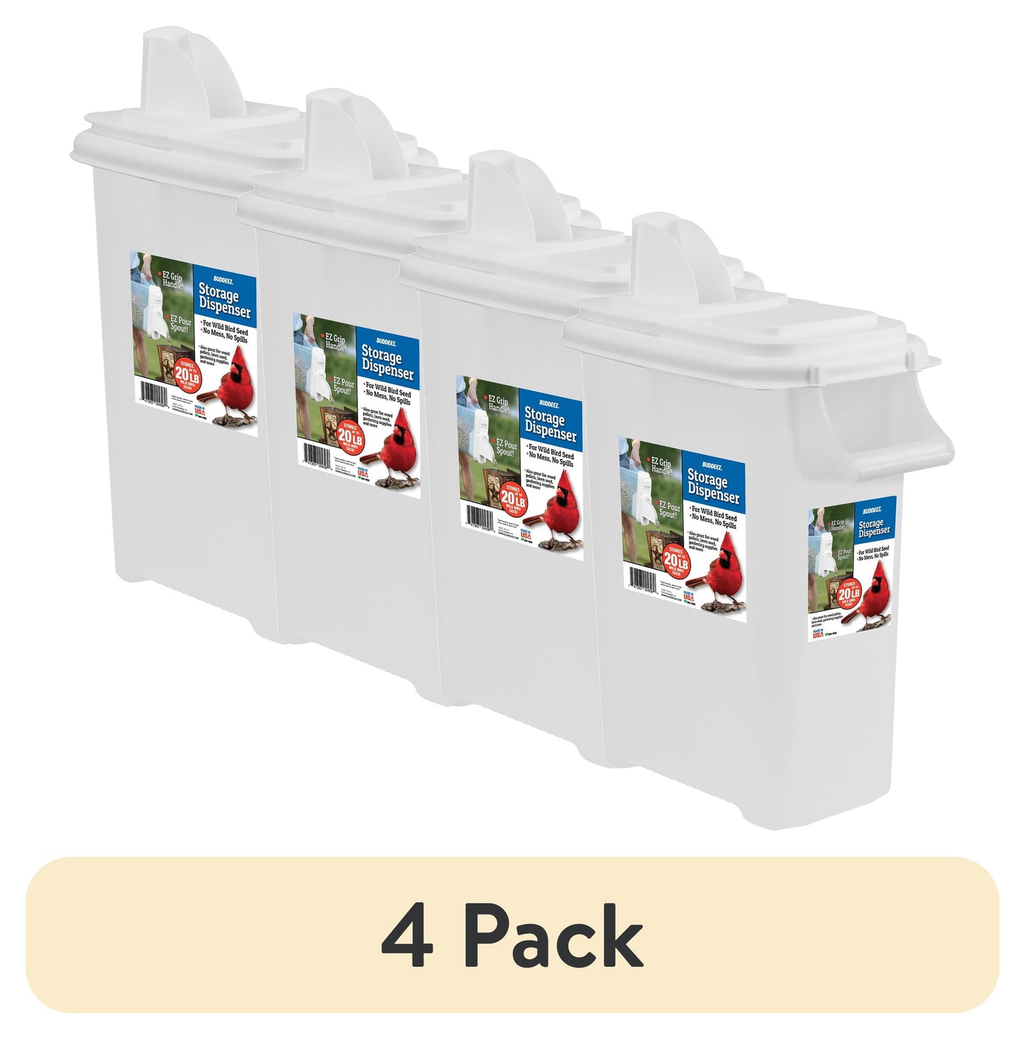 (4 pack) Buddeez 16 QT.  Bird Seed Storage Dispenser