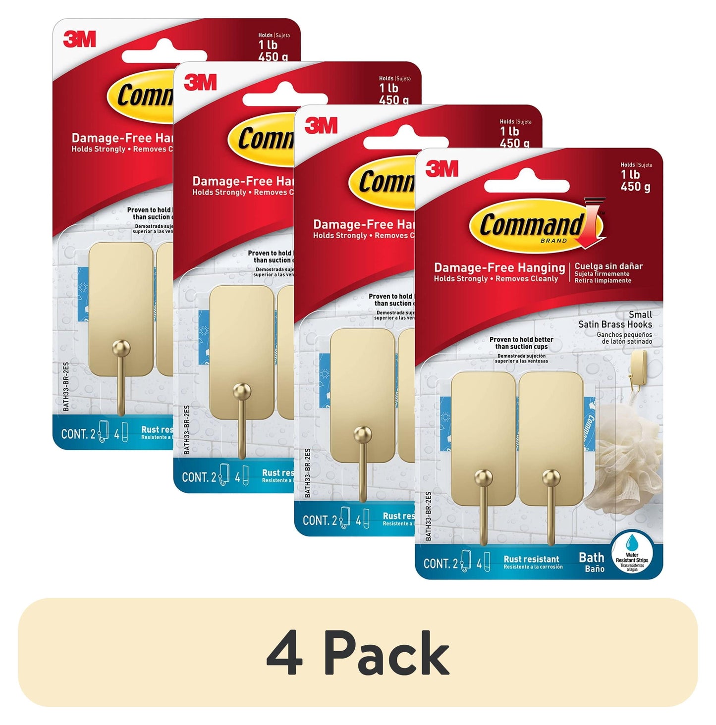 (4 pack) Command Bath Small Brass Finish Double Hook 2 Pack