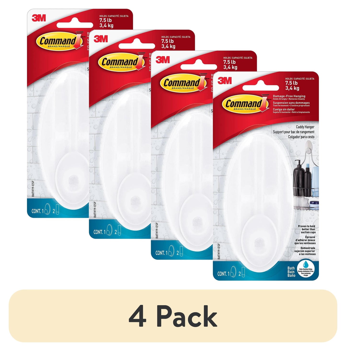 (4 pack) Command Large Caddy Hanger, Frosted Finish, Plastic, 1 Wall Hanger, Bathroom Organization