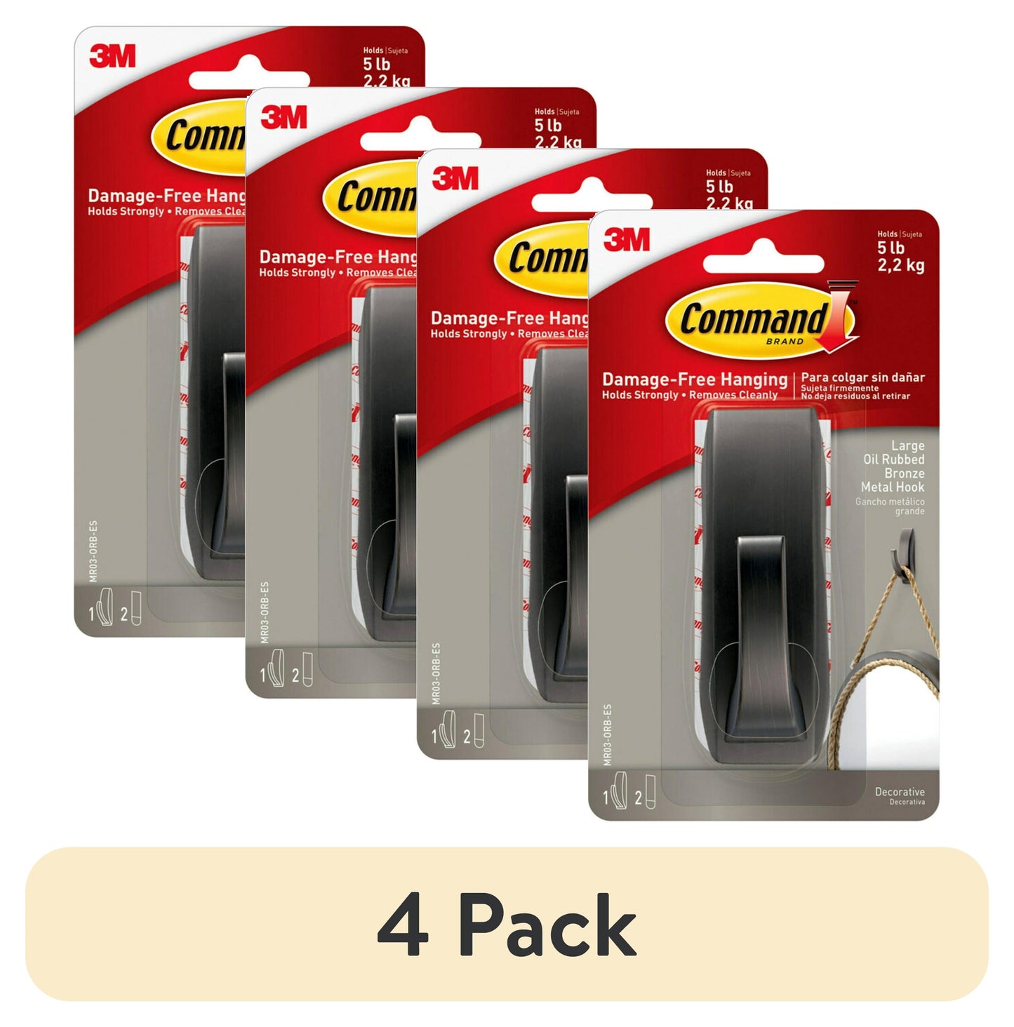 (4 pack) Command Large Metal Hook, Oil Rubbed Bronze, 1 Wall Hook
