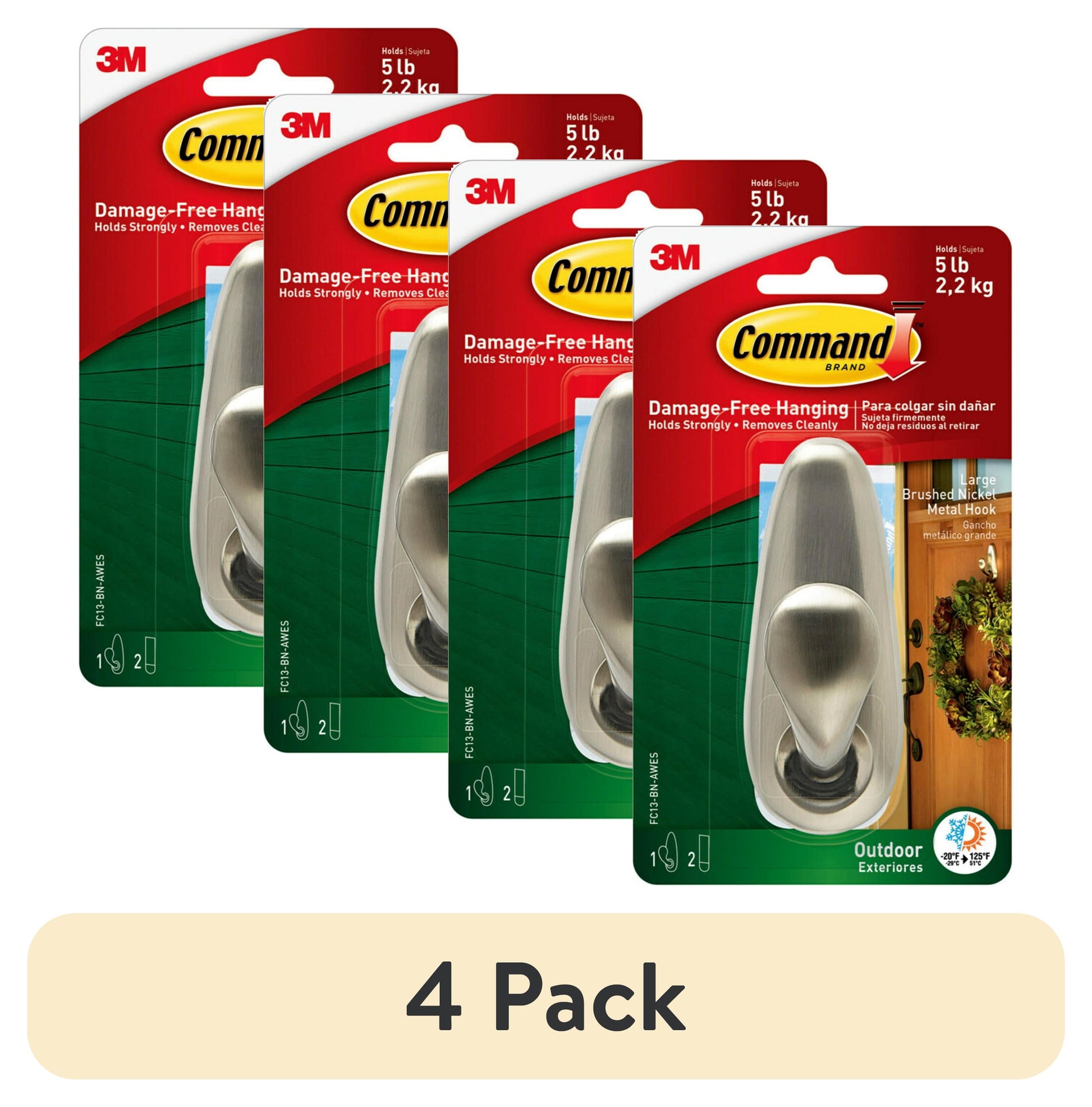 (4 pack) Command Outdoor Hook, Large, Brushed Nickel, 1 Wall Hook, 2 Strips/Pack