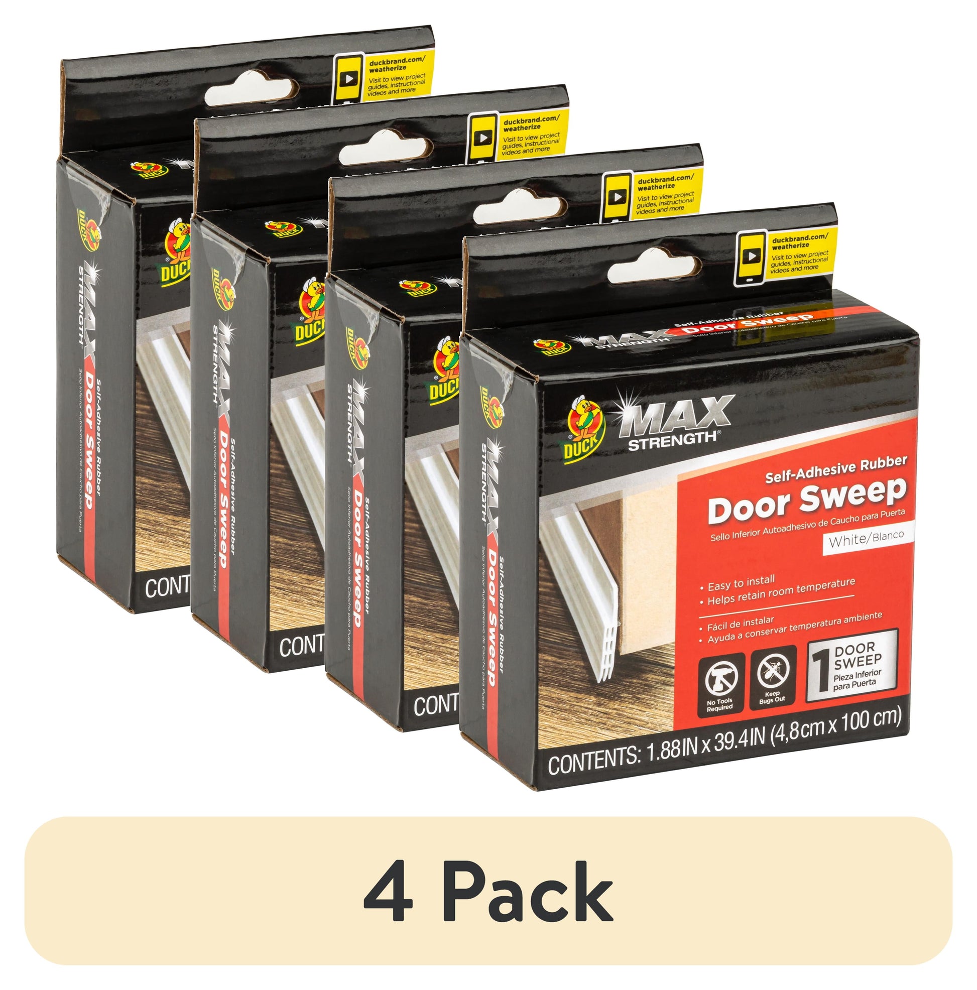 (4 pack) Duck Brand Self-Adhesive Rubber Door Bottom Sweep, White, 1.88 in. x 39.4 in.