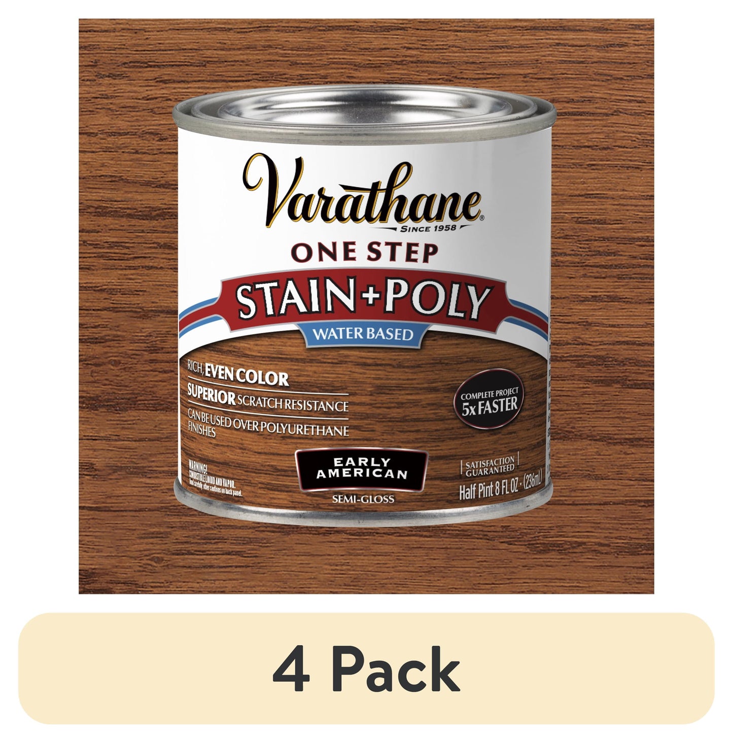 (4 pack) Early American, Varathane One Step Interior Wood Stain + Polyurethane, Semi-Gloss -384363, Half Pint