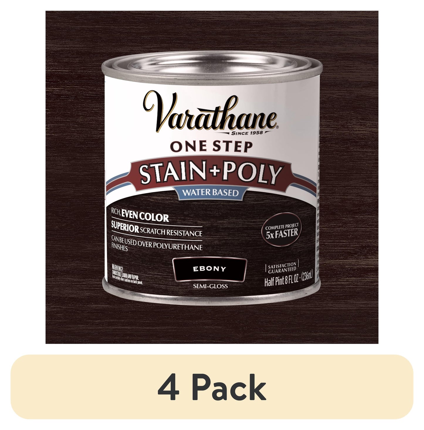 (4 pack) Ebony, Varathane One Step Interior Wood Stain + Polyurethane, Semi-Gloss -384359, Half Pint