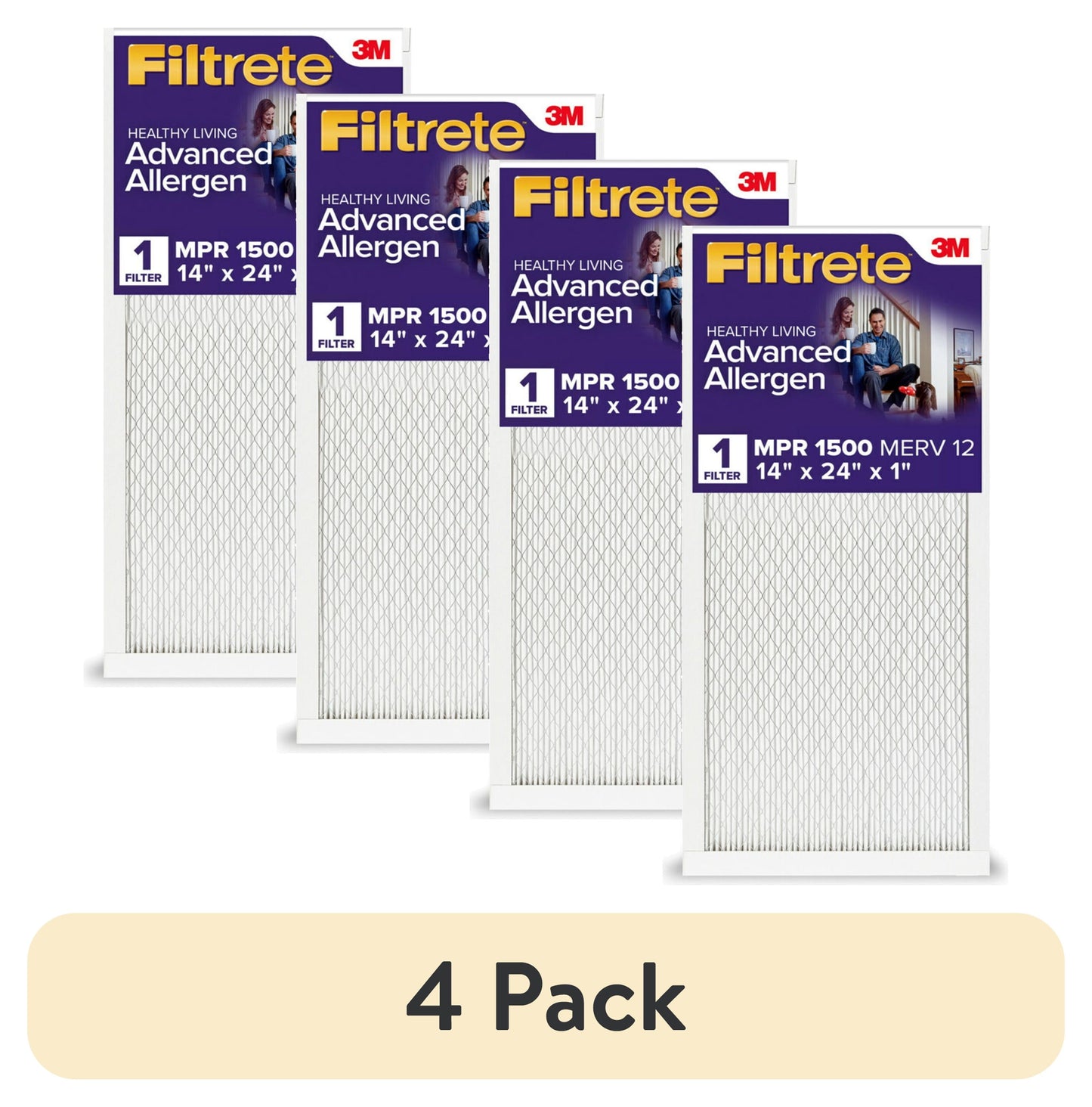 (4 pack) Filtrete 14x24x1 Air Filter, MPR 1500 MERV 12, Advanced Allergen Reduction, 1 New Filter