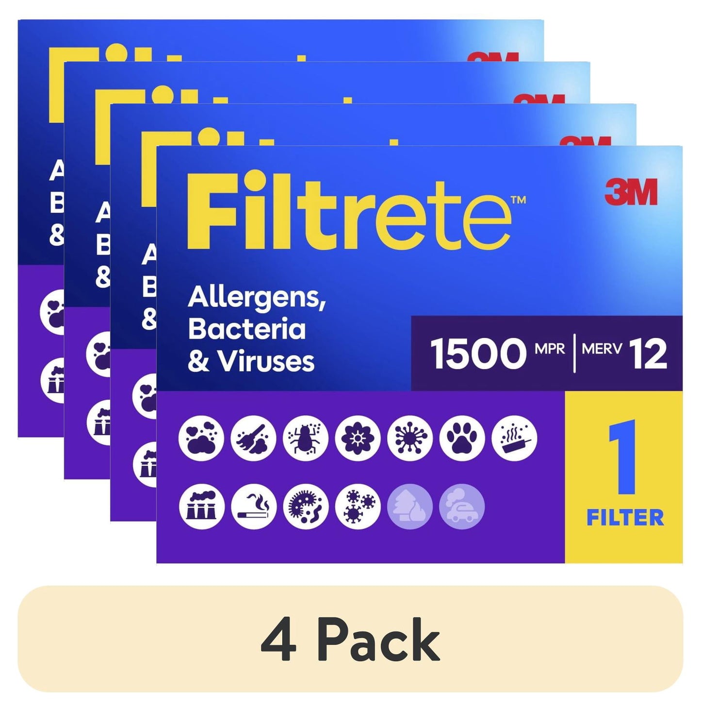 (4 pack) Filtrete 16x20x1 HVAC Furnace Air Filter, MPR 1500 MERV 12, Allergens, Bacteria & Viruses, 1 Filter