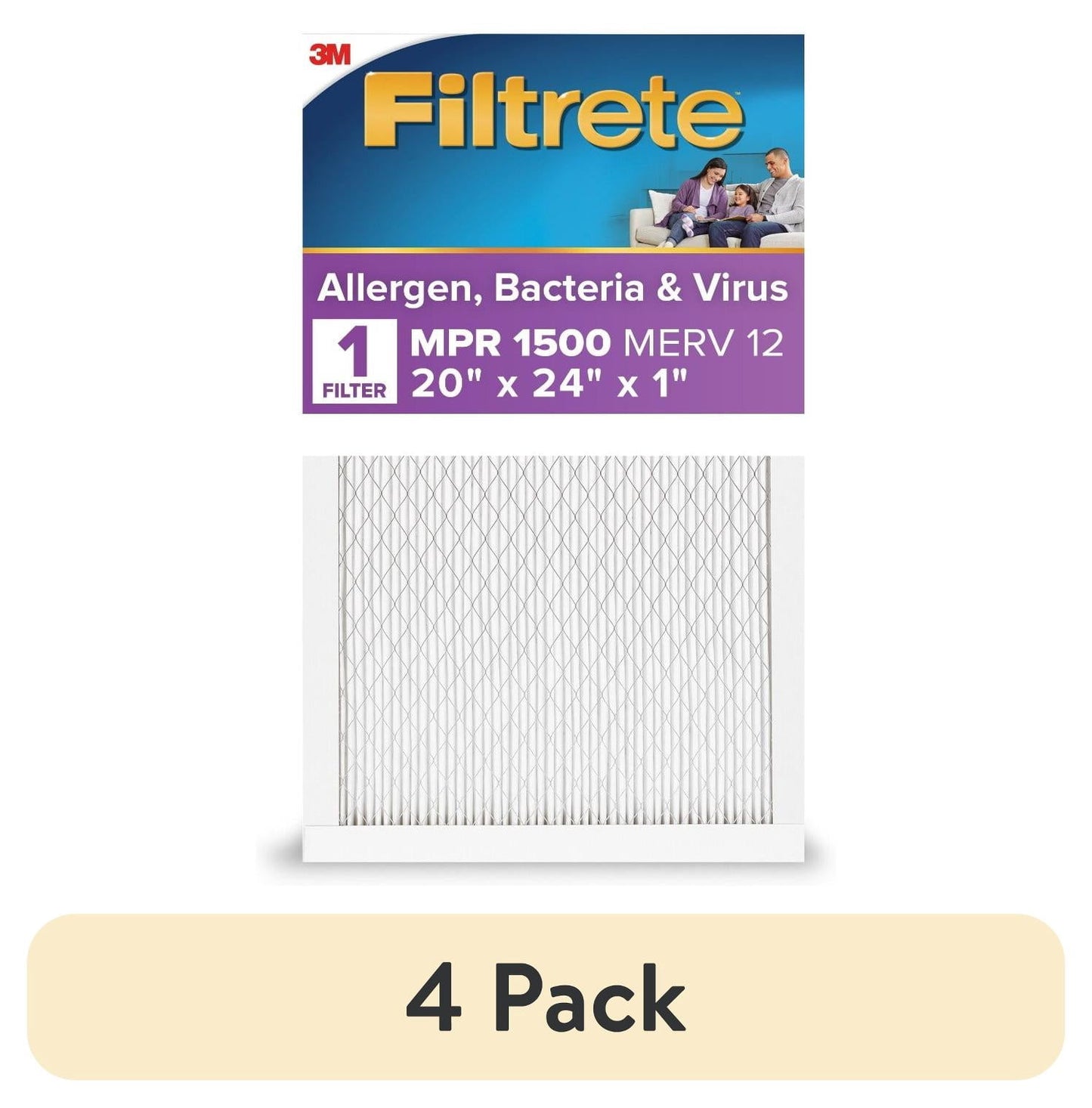 (4 pack) Filtrete 20x24x1 HVAC Furnace Air Filter, MPR 1500 MERV 12, Allergen, Bacteria and Virus, 1 Filter